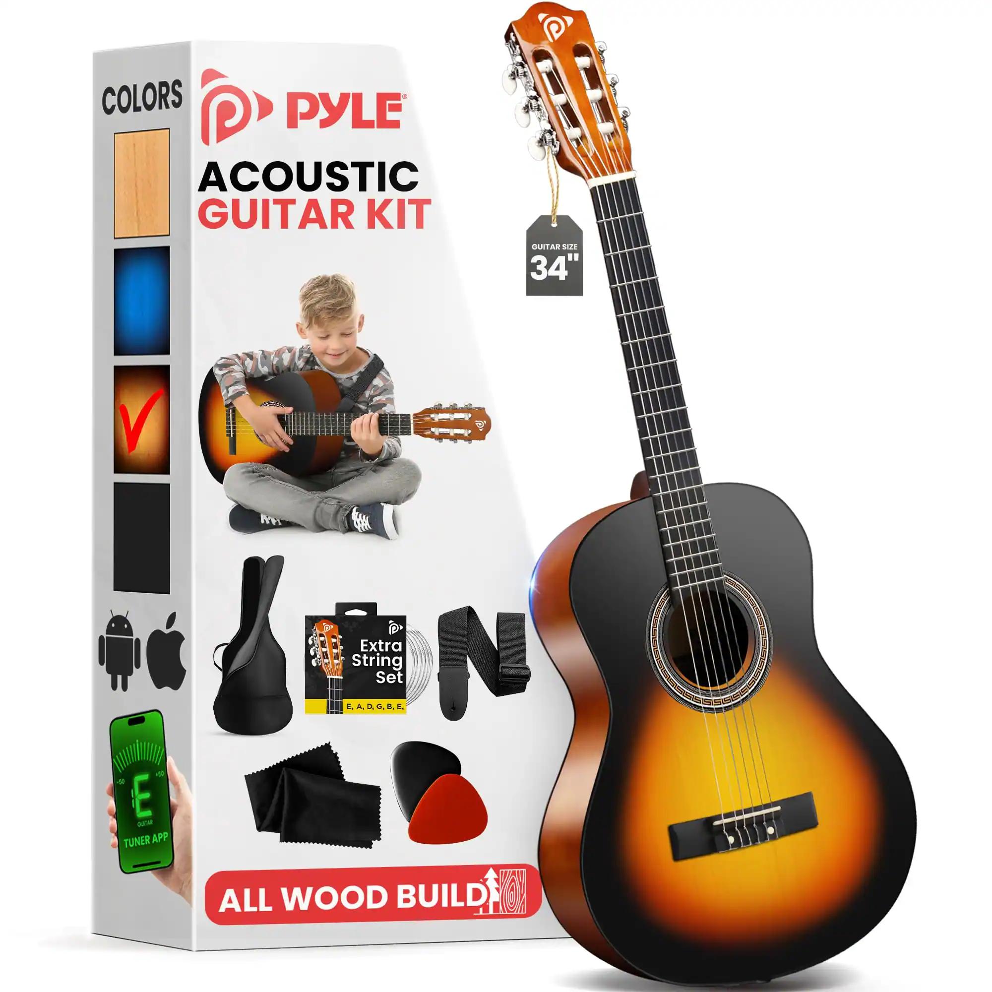 COLORS PYLE ACOUSTIC GUITAR KIT GUITAR 34" ALL WOOD BUILD Extra String Set TUNER APP