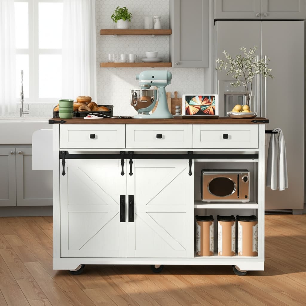 Forest'nSky - 53.7" Farmhouse Kitchen Cart on Wheels with Power Strip, Barn Door Storage - White