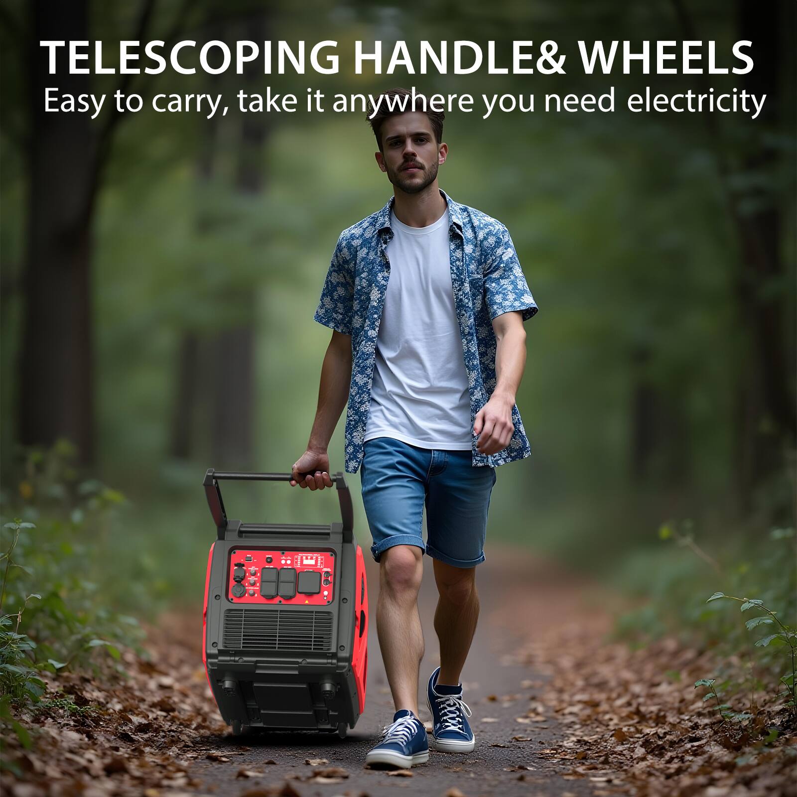 TELESCOPING HANDLE & WHEELS  
Easy to carry, take it anywhere you need electricity