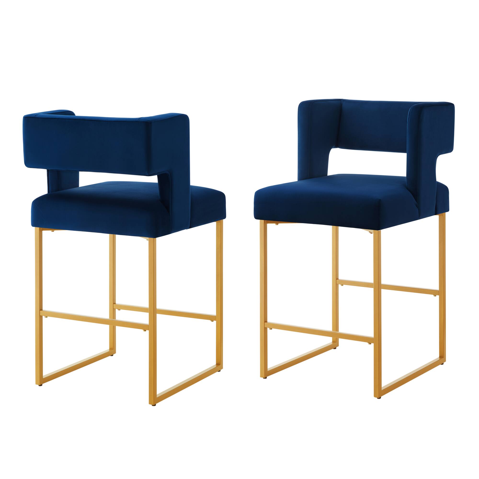 Angle. GOODSILO - Contemporary Square Backrest Counter Height Bar Stools Set of 2 with Sturdy Metal Legs for Kitchen Islands - Navy.