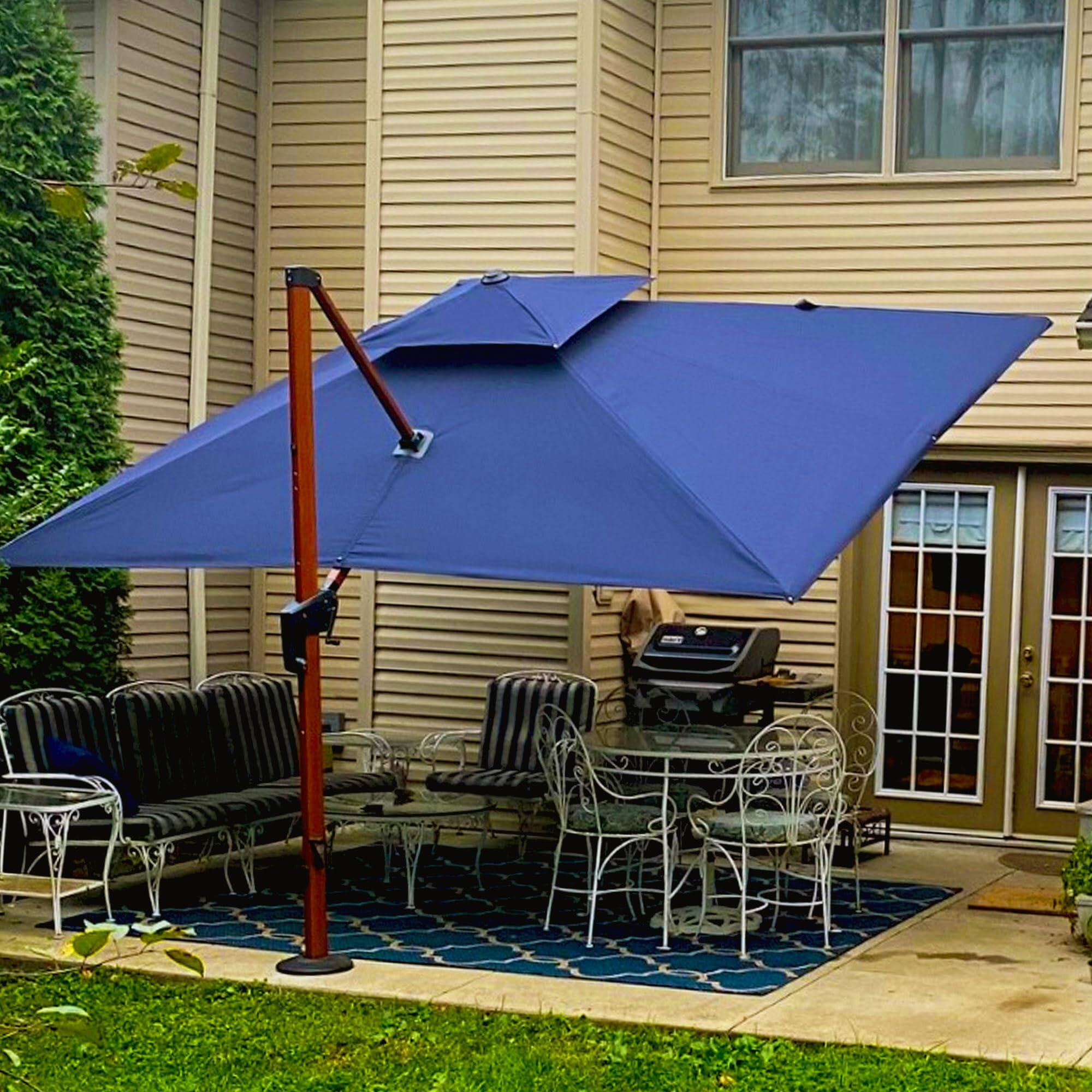 Left. PURPLE LEAF - 10' X 13' Patio Rectangle Outdoor Cantilever Umbrella Windproof Offset Heavy Duty Sun Umbrella with Base for Garden - Navy Blue.