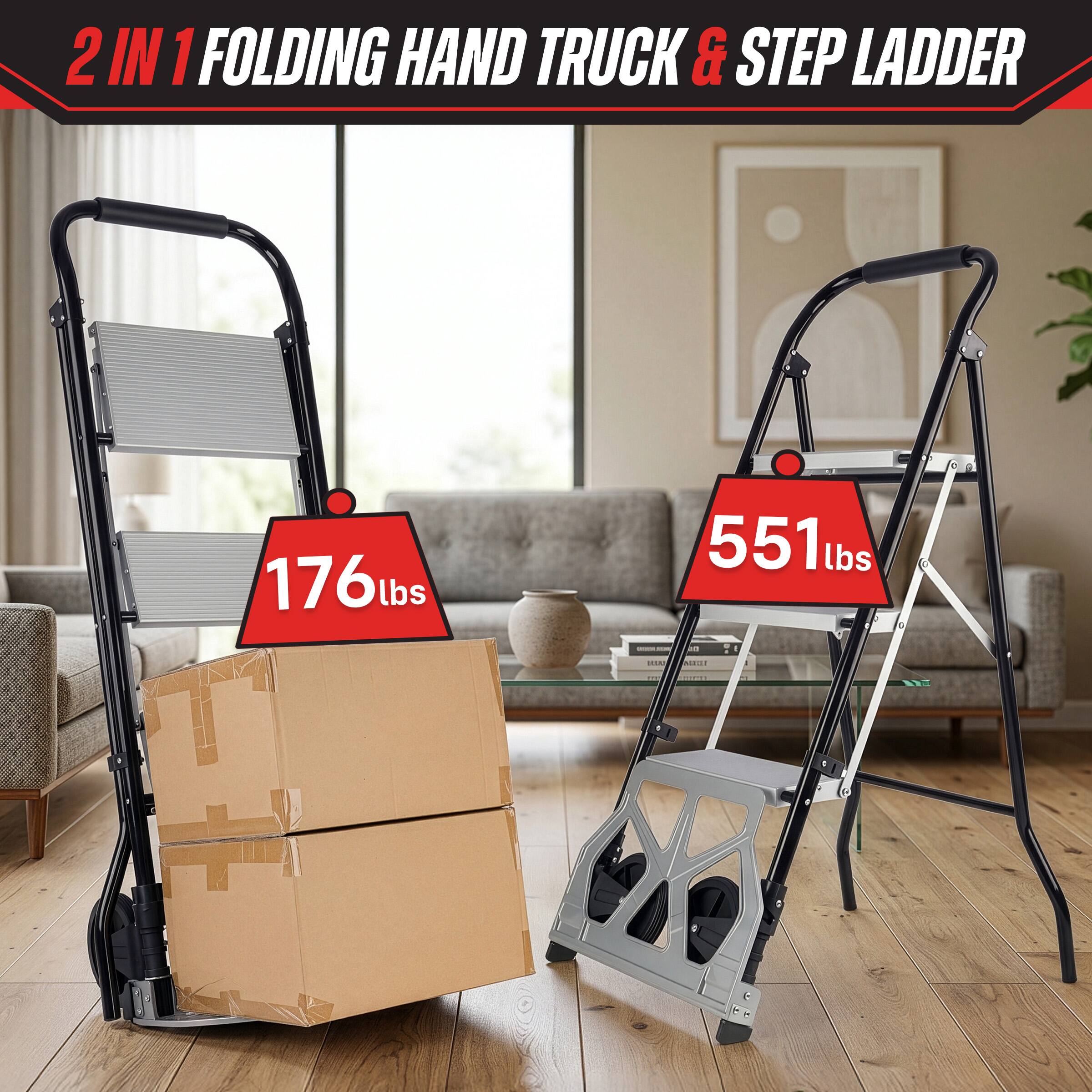Stalwart 2 in 1 Stepladder and Foldable Hand Truck Dolly Cart with ...