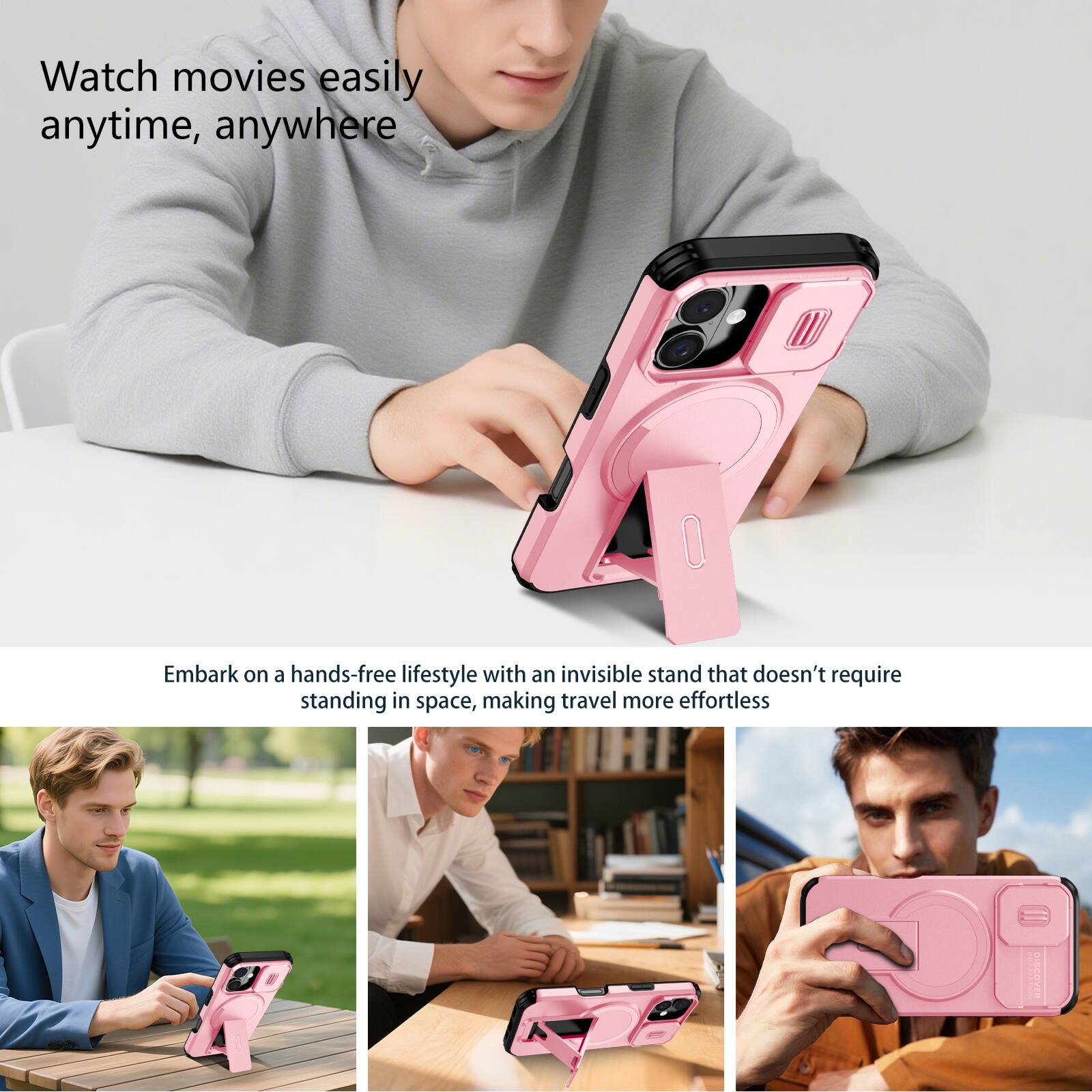 Watch movies easily anytime, anywhere

Embark on a hands-free lifestyle with an invisible stand that doesn't require standing in space, making travel more effortless