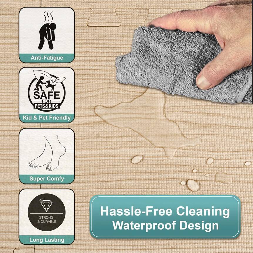 - Anti-Fatigue
- Kid & Pet Friendly
- Super Comfy
- Strong & Durable
- Long Lasting
- Hassle-Free Cleaning Waterproof Design