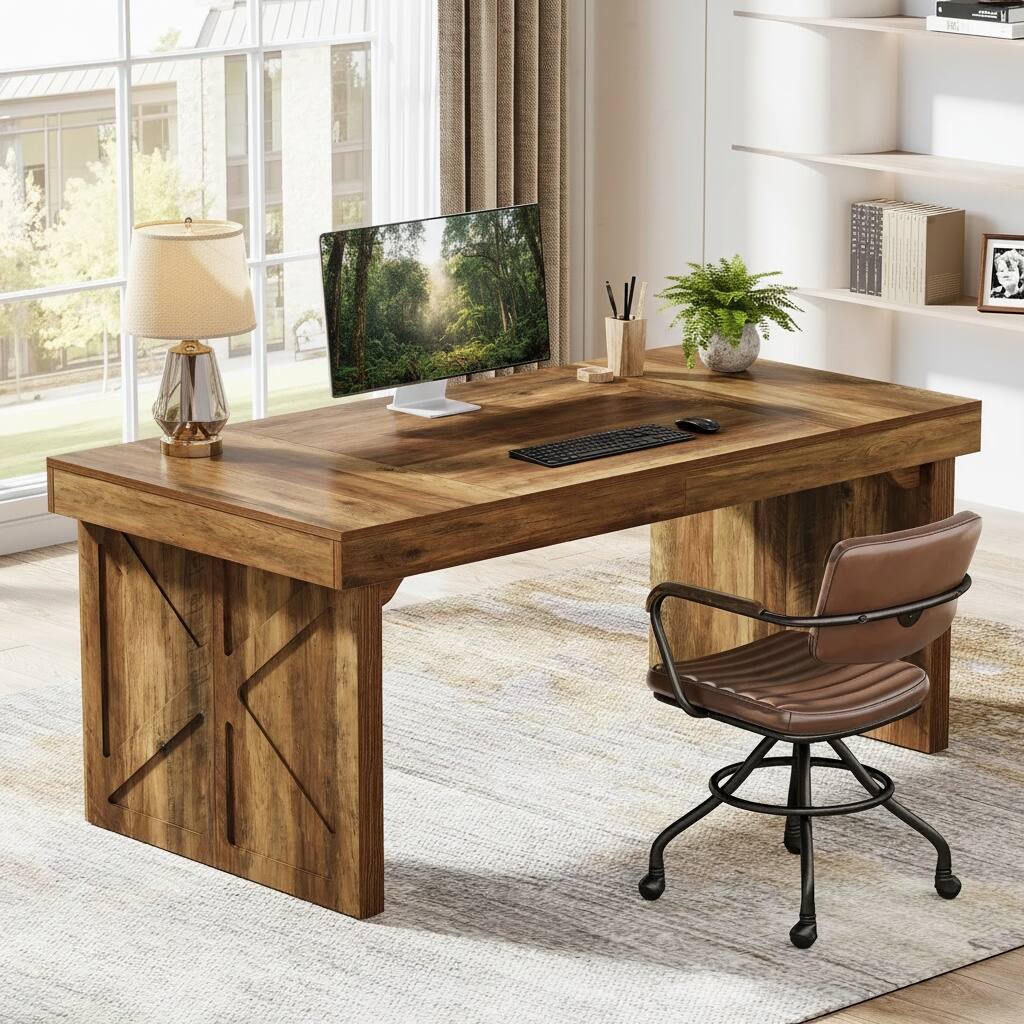 Kadyn - Study Writing Desk, Computer Desk,63" Executive Desk, Wood Computer Desk Office Desk - Brown