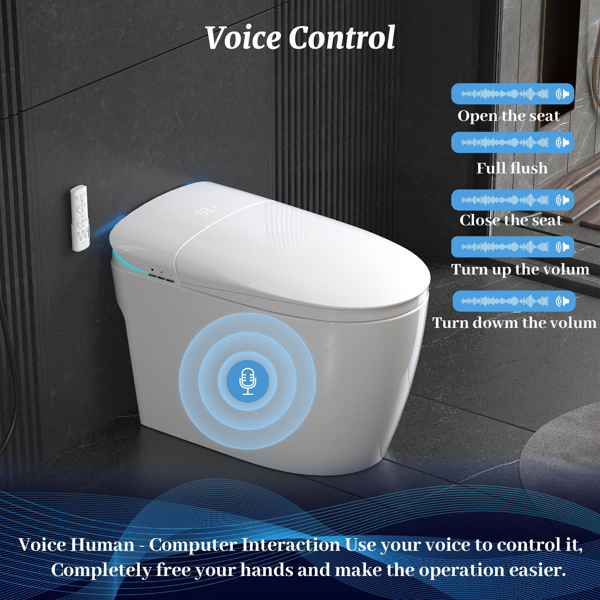 Voice Control

- Open the seat
- Full flush
- Close the seat
- Turn up the volume
- Turn down the volume

Voice Human - Computer Interaction
Use your voice to control it, Completely free your hands and make the operation easier.