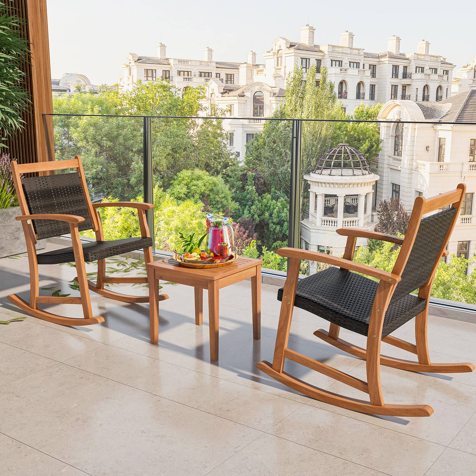 Alt View 4. Costway - Costway 3PCS Patio Rattan Rocking Chair Bistro Set Acacia Wood Frame Armrest - Mix Brown+Natural.