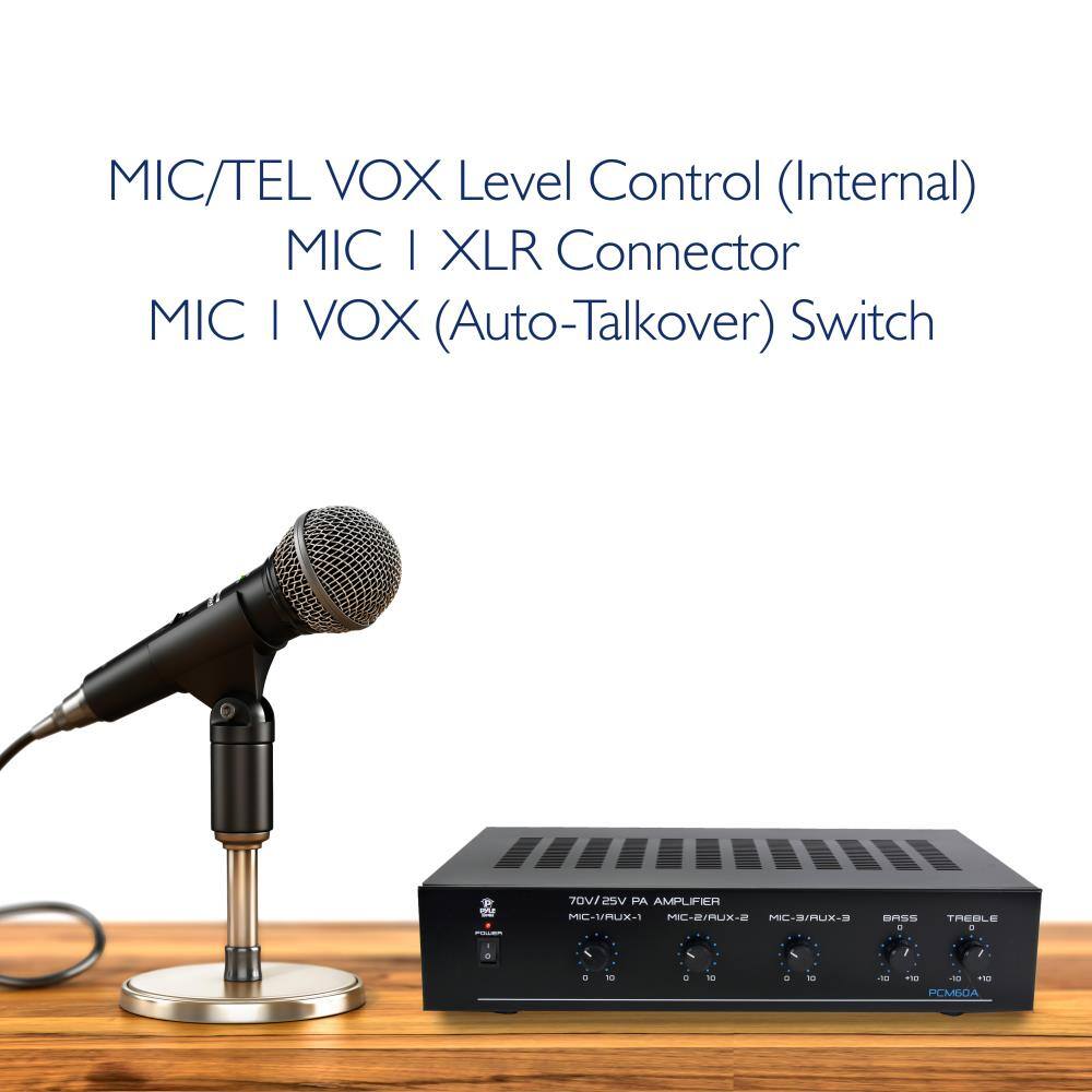 MIC/TEL VOX Level Control (Internal)  
MIC | XLR Connector  
MIC | VOX (Auto-Talkover) Switch  

70V/25V PA AMPLIFIER  
MIC-VRUX-1  
MC-B/RUX-2  
MIC-3/RUX-3  

BASS  
TREBLE  

PCM60A