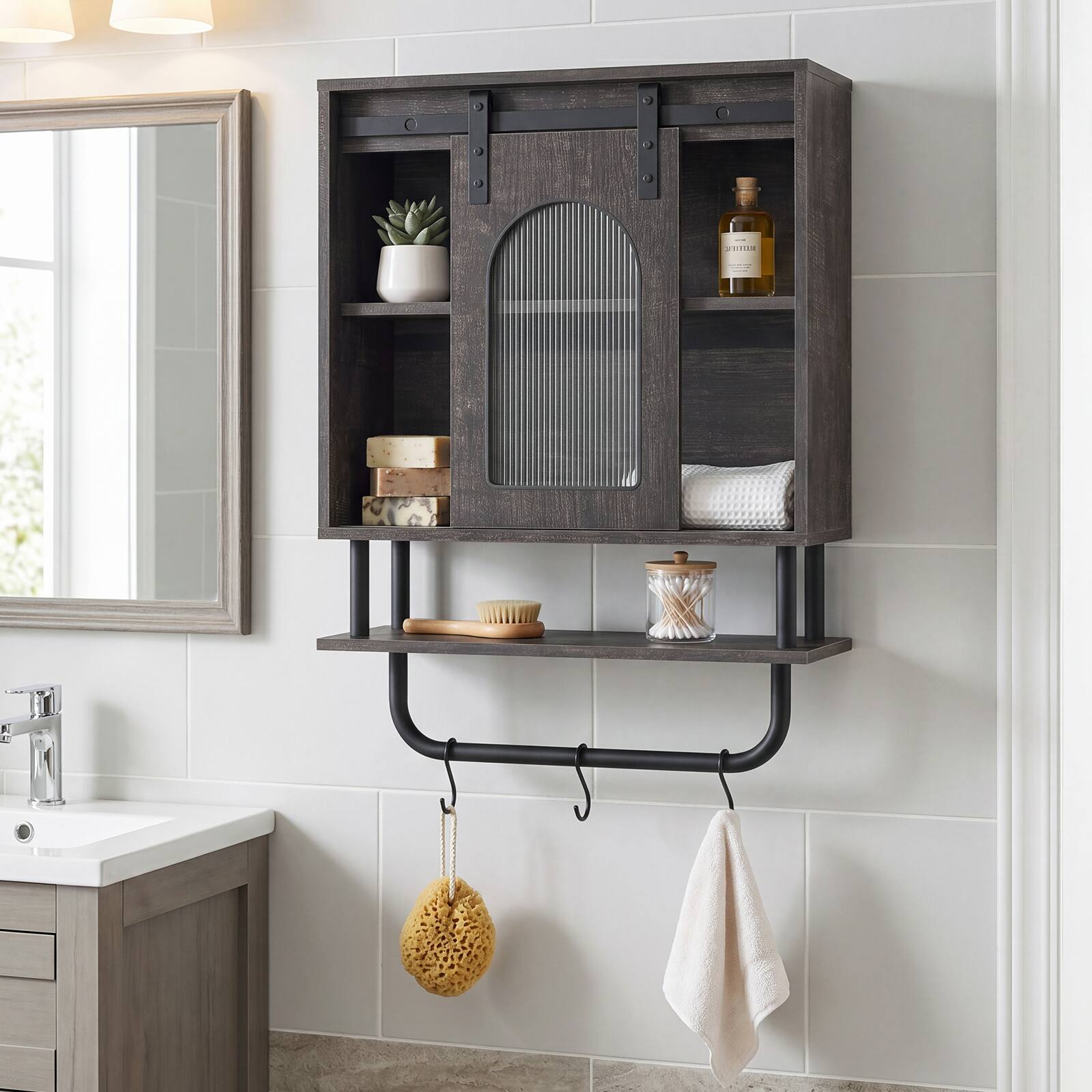 Alt View 3. Costway - Costway Bathroom Wall Cabinet with Sliding Barn Door Metal Hanging Bar 3 Hooks for Kitchen - Black Oak + Black.