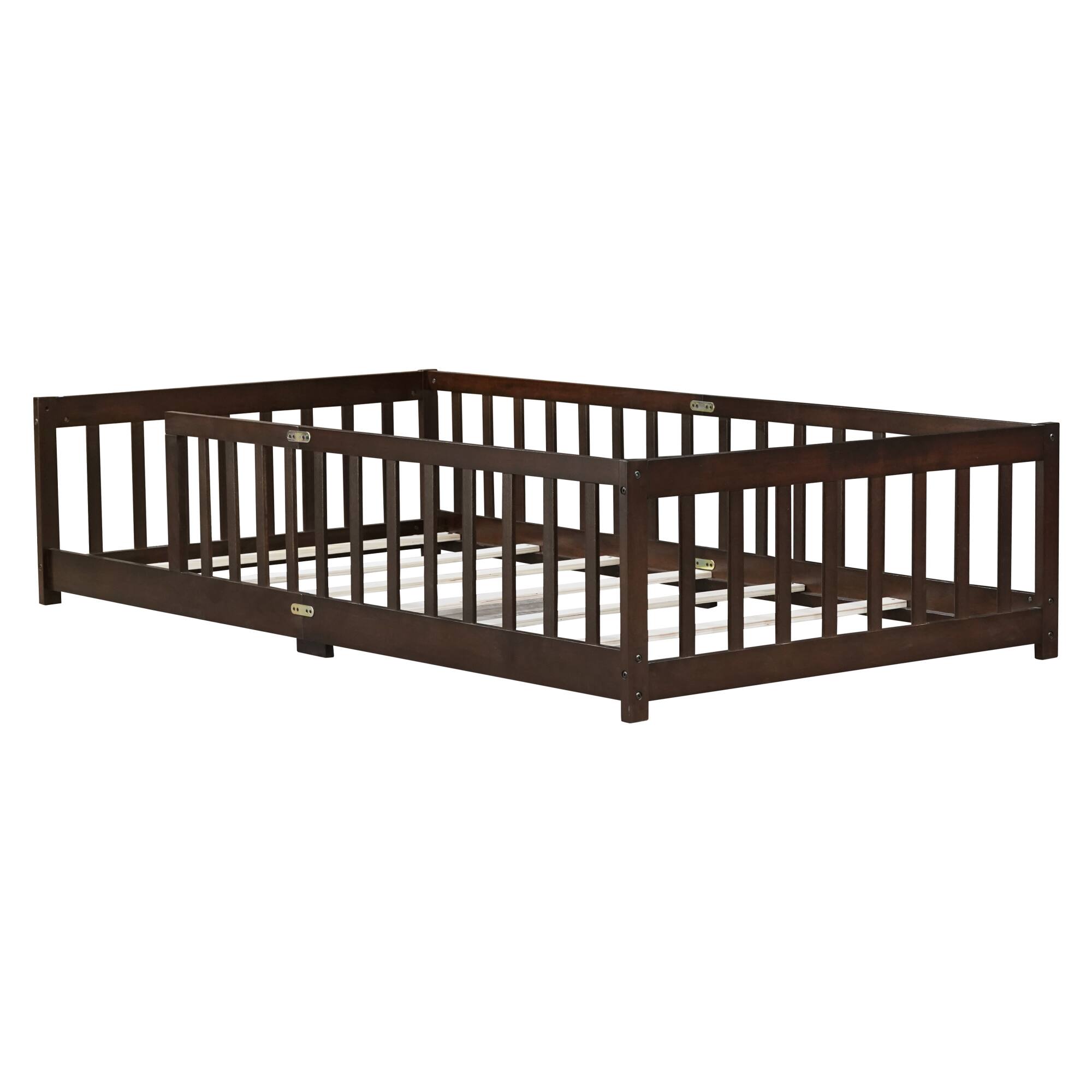 Alt View 8. GOODSILO - Twin Size Floor Bed with Safety Fence for Kids, Sturdy Rubber Wood Construction, Easy Assembly - Espresso.