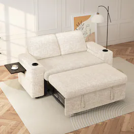 Dyonery - 65" Chenille 3-in-1 Convertible Sofa Bed with Reclining Backrest|USB Ports|Cup Holders|Side Table|Storage Armrests - Beige