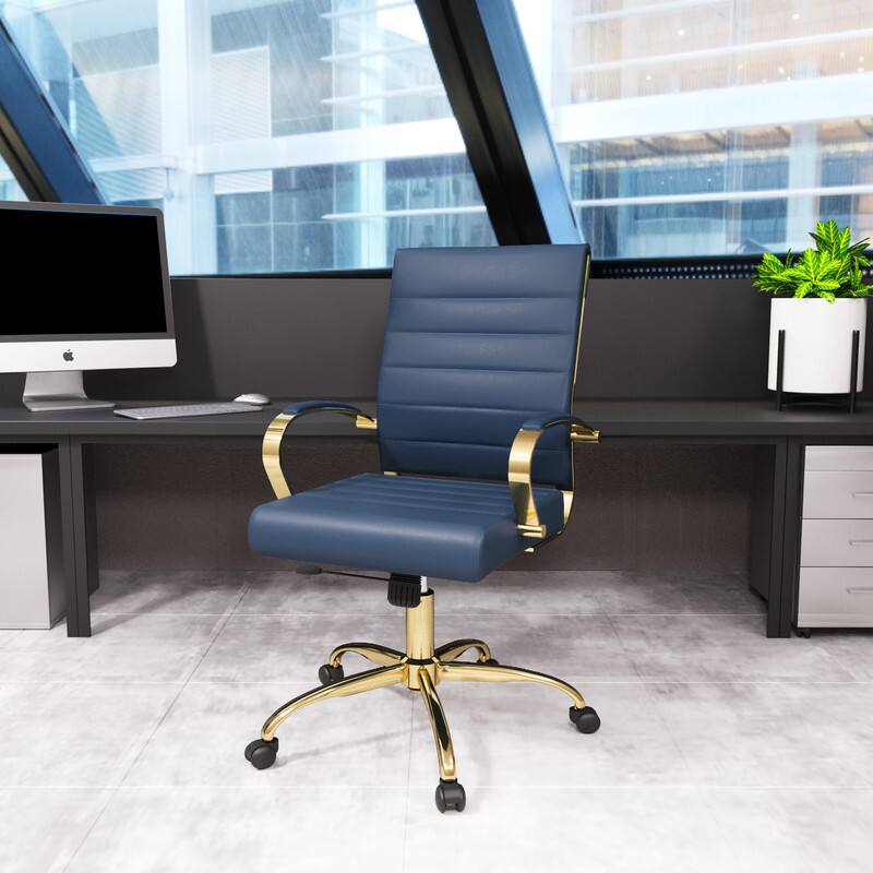 Angle. LeisureMod - Benmar Leather Office Chair with Gold Accents, Adjustable Height, Swivel, Ergonomic Design for Home Office or Workspace - Navy Blue.