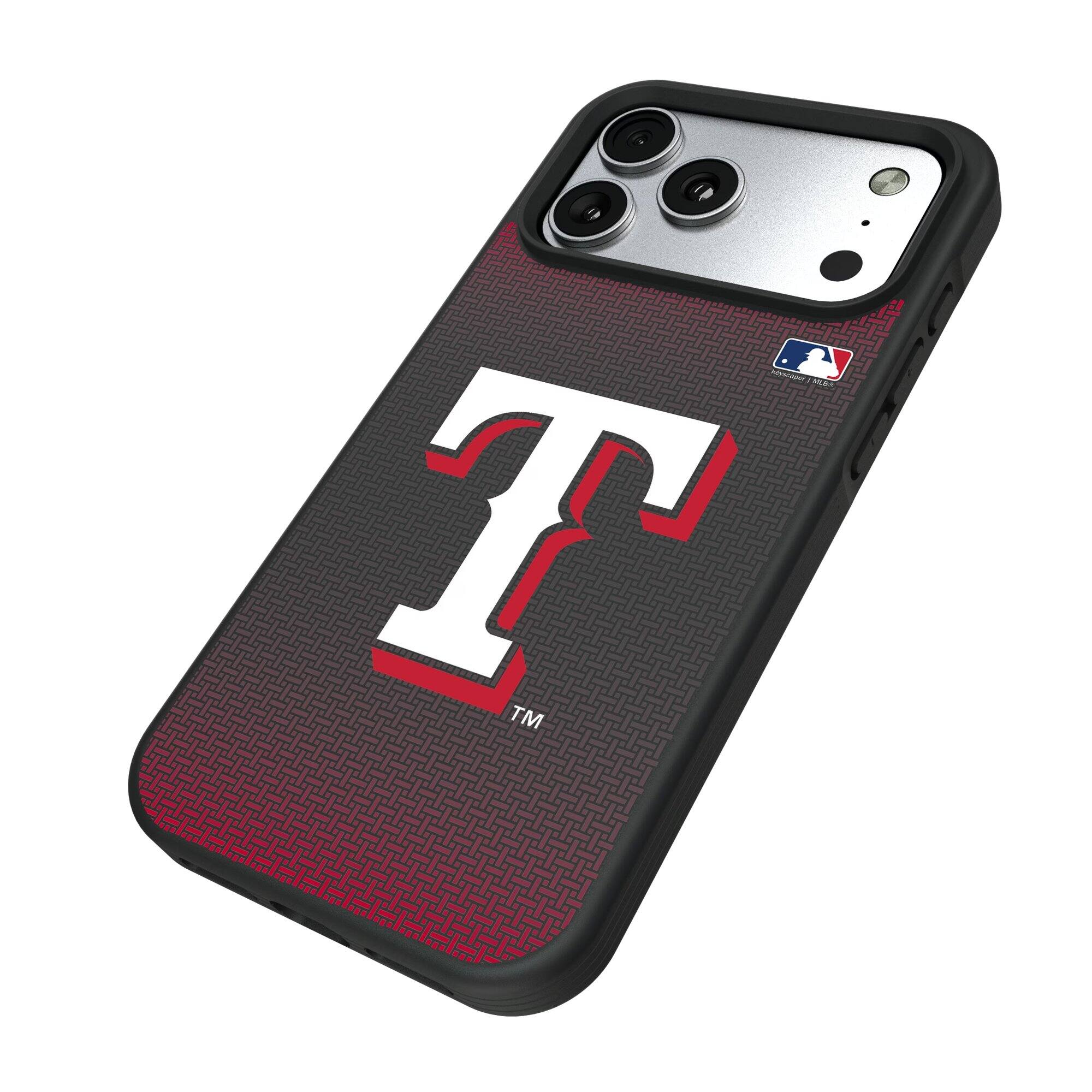 Alt View 1. Keyscaper - Texas Rangers Linen Logo iPhone Bump Case - 13 Pro Max - Black.