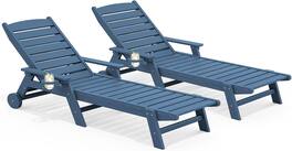SERWALL - HDPE Outdoor Lounge Chair Set of 2 with Rolling Wheels & Cup Holder for Pool - Blue