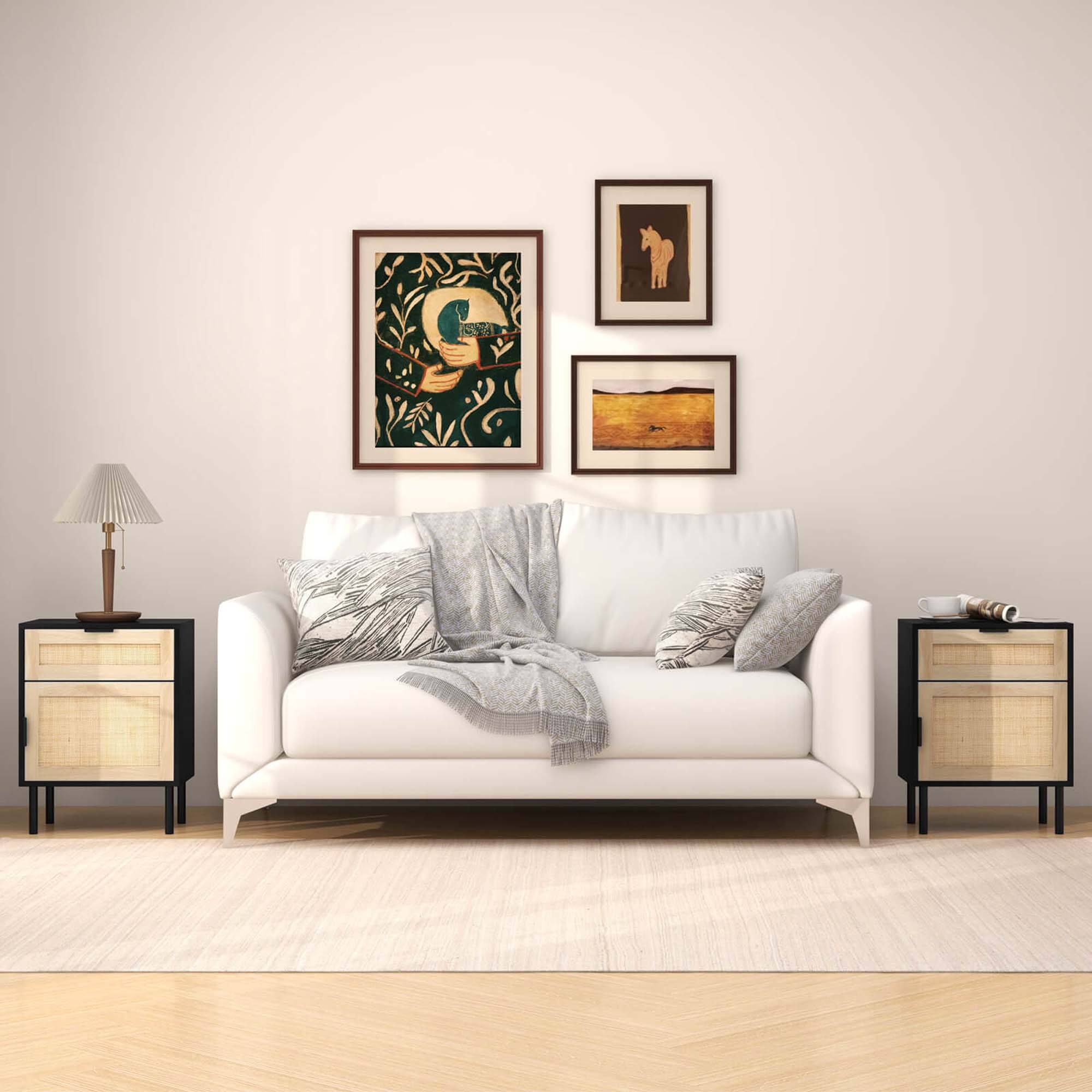 Left. Costway - Costway Rattan Nightstand Set of 2 Mid Century Modern End Table with Drawer & Cabinet - Black,Natural.