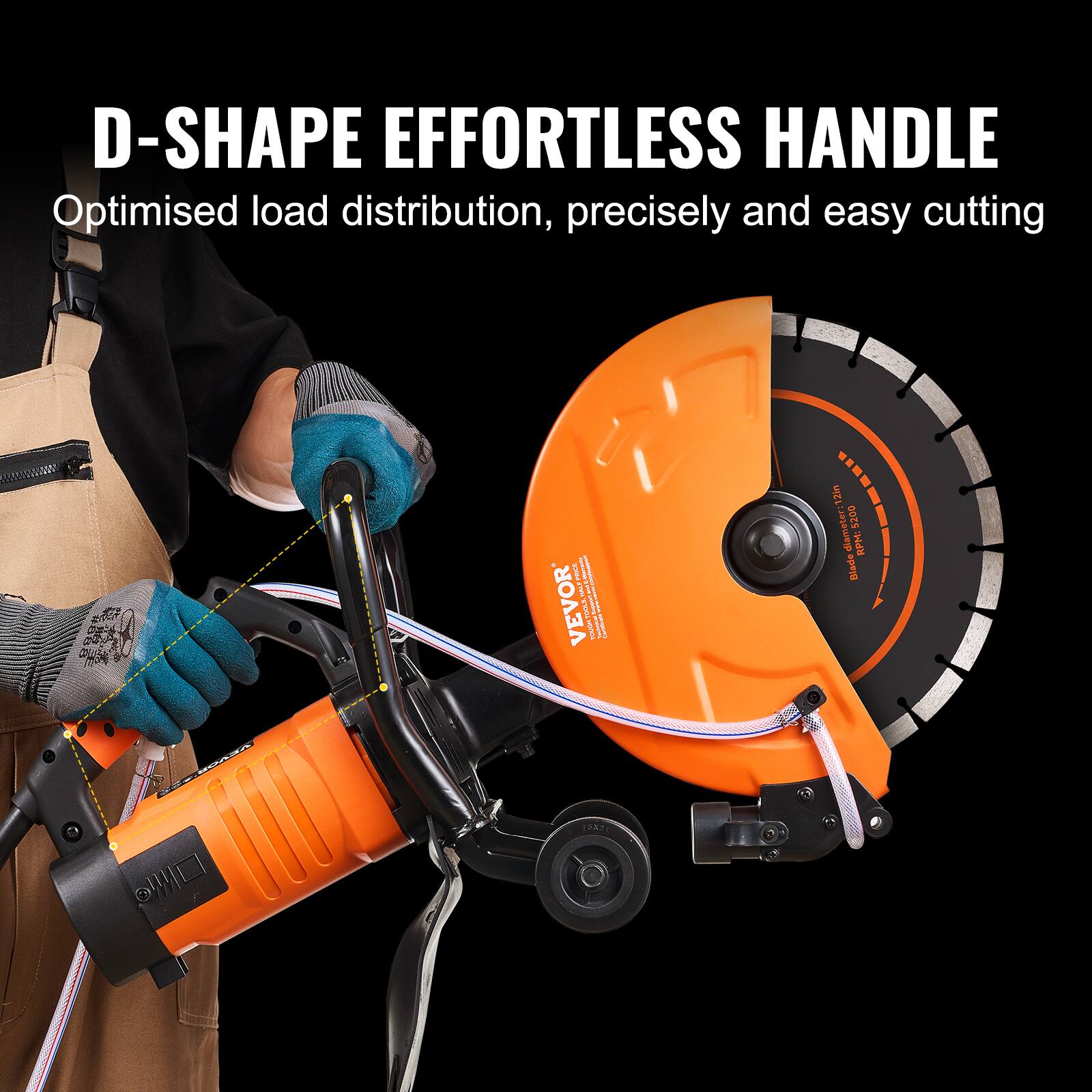 D-SHAPE EFFORTLESS HANDLE  
Optimised load distribution, precisely and easy cutting  

AMMARTE STOP VEVOR YOUGHT TROLS, YOURS INGRED  

12in lade diameter: 12in 5200 RPM: Blade