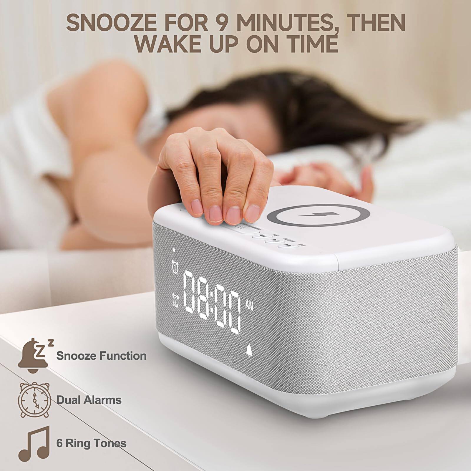 SNOOZE FOR 9 MINUTES, THEN WAKE UP ON TIME

Snooze Function  
Dual Alarms  
6 Ring Tones