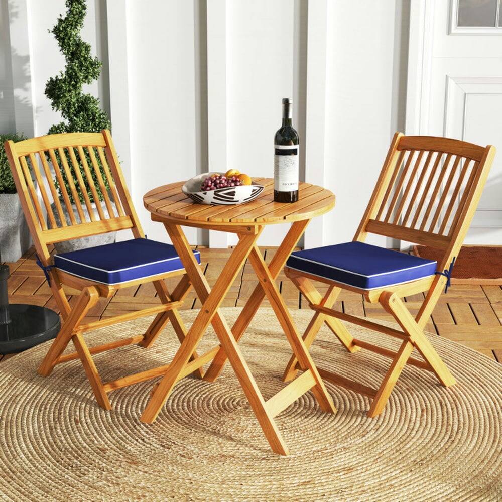 Alt View 6. Pefilos - 3 Pieces Acacia Wood Patio Folding Bistro Set with SoFeet Cushions, Patio Conversation Set for Outdoor, Navy - Blue.