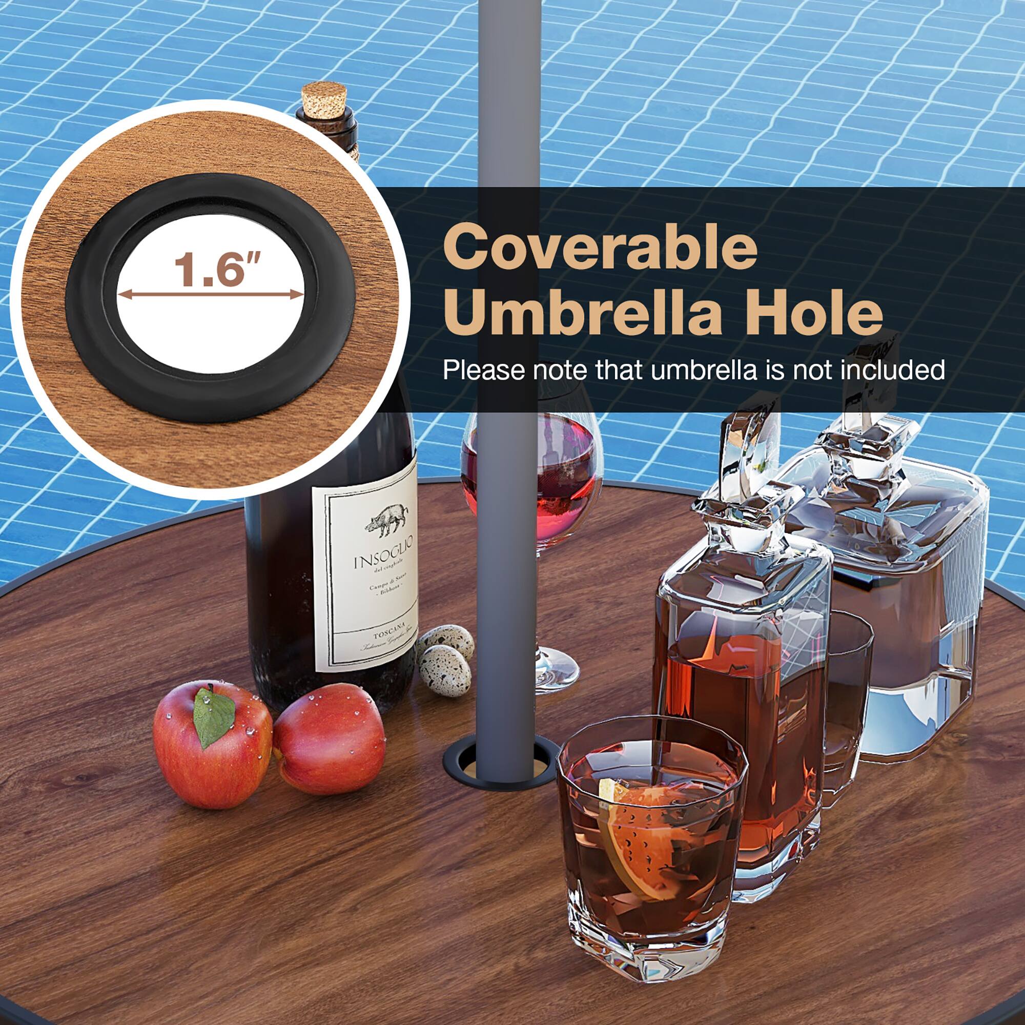 1.6" Coverable Umbrella Hole  
Please note that umbrella is not included  

INSOCUO  
Goaca  
FANeana
