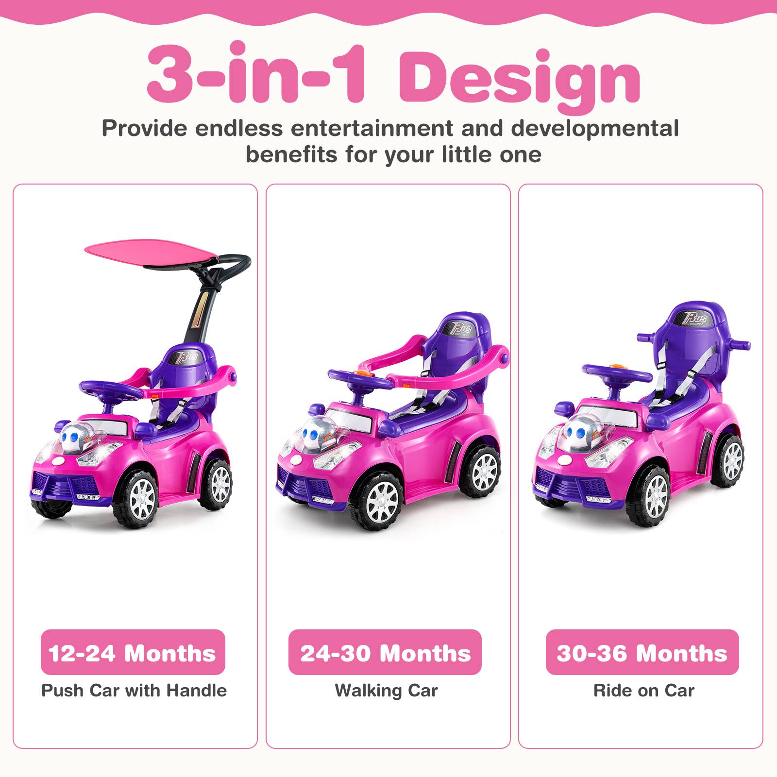3-in-1 Design  
Provide endless entertainment and developmental benefits for your little one  

12-24 Months  
Push Car with Handle  

24-30 Months  
Walking Car  

30-36 Months  
Ride on Car
