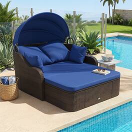 Costway - Patio PE Rattan Daybed with Retractable Canopy, Soft Cushions and Extra Pillows - Mix Brown & Navy