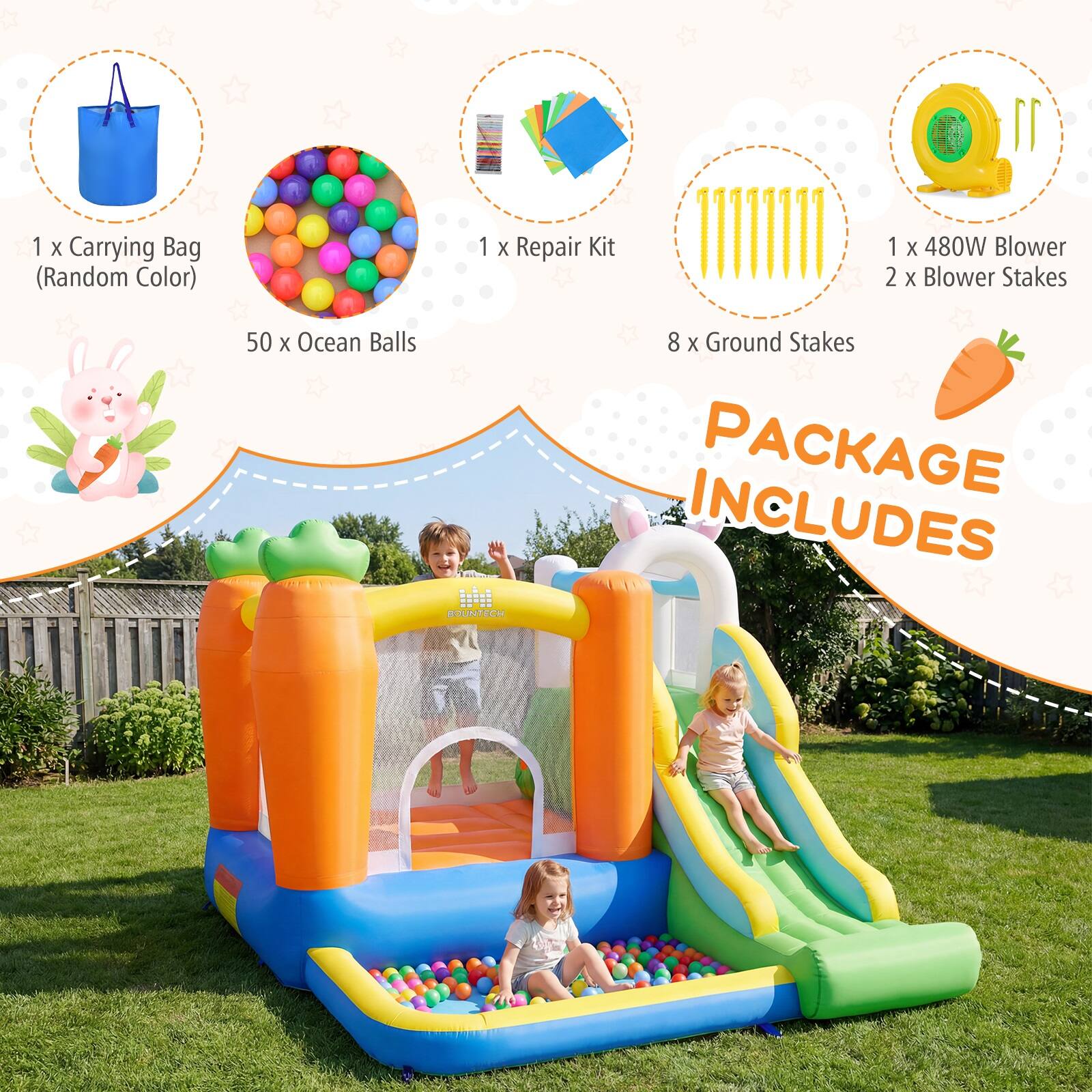 1 X Carrying Bag (Random Color)  
1 X Repair Kit  
50 X Ocean Balls  
1 X 480W Blower  
2 X Blower Stakes  
8 X Ground Stakes  

PACKAGE INCLUDES