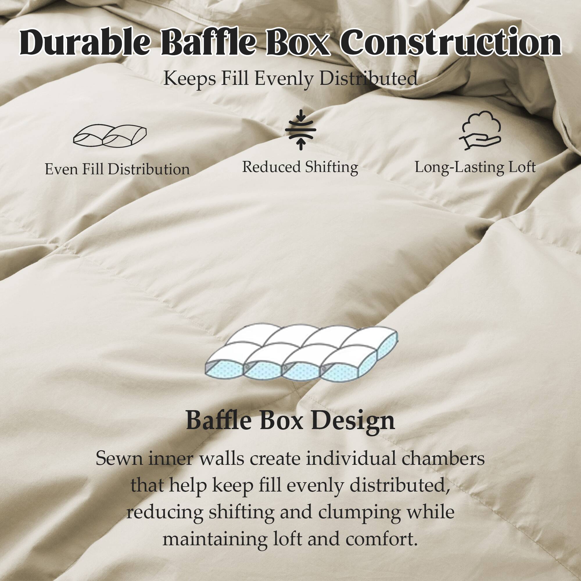 Durable Baffle Box Construction Keeps Fill Evenly Distributed

Even Fill Distribution
Reduced Shifting
Long-Lasting Loft

Baffle Box Design
Sewn inner walls create individual chambers that help keep fill evenly distributed, reducing shifting and clumping while maintaining loft and comfort.
