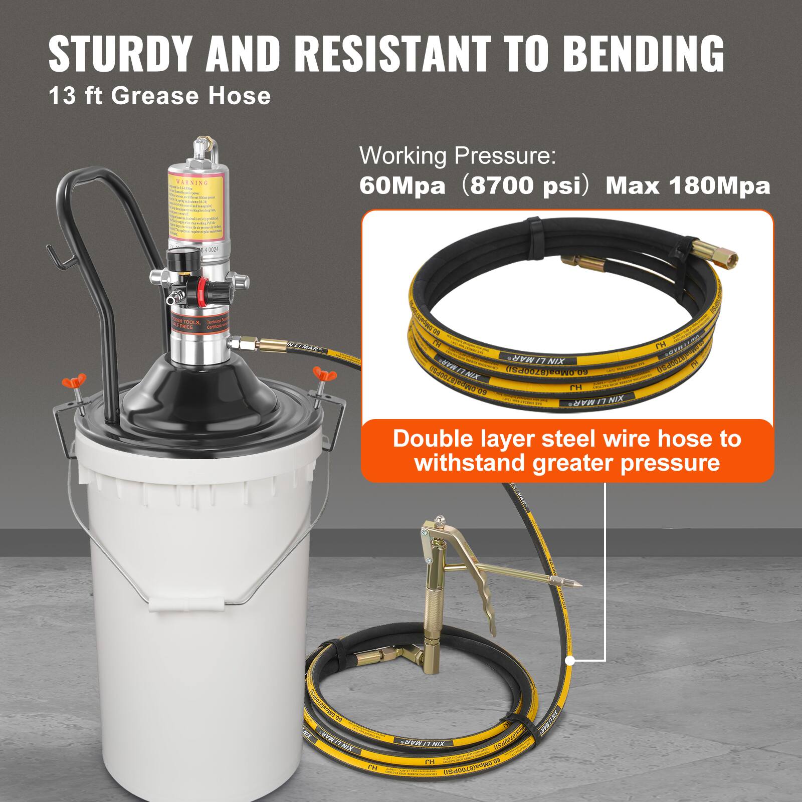 STURDY AND RESISTANT TO BENDING  
13 ft Grease Hose  

Working Pressure: 60Mpa (8700 psi) Max 180Mpa  

Double layer steel wire hose to withstand greater pressure