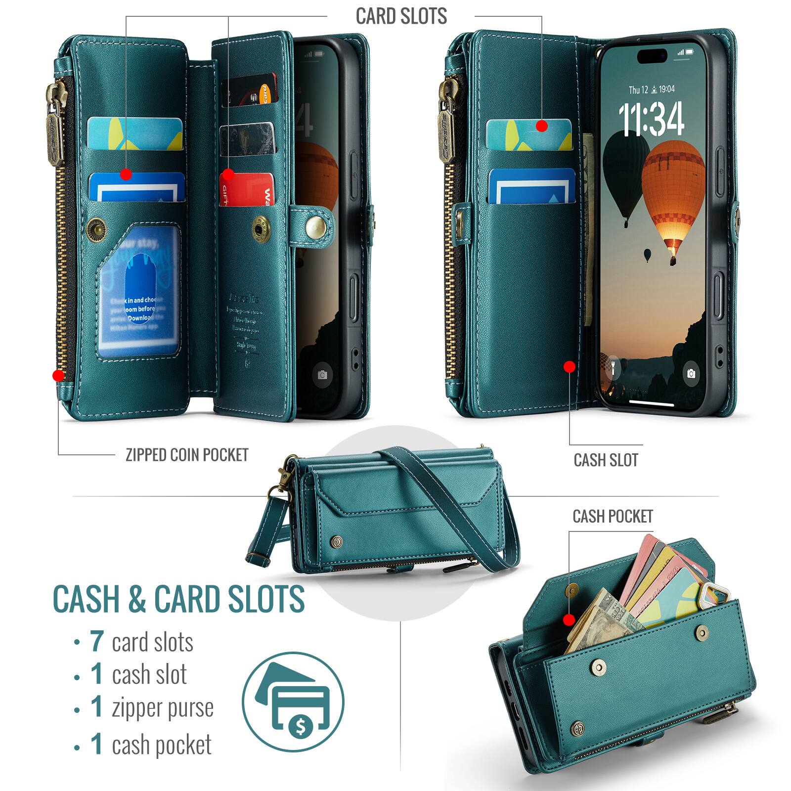 CARD SLOTS

ZIPPED COIN POCKET

CASH SLOT

CASH POCKET

CASH & CARD SLOTS
- 7 card slots
- 1 cash slot
- 1 zipper purse
- 1 cash pocket
