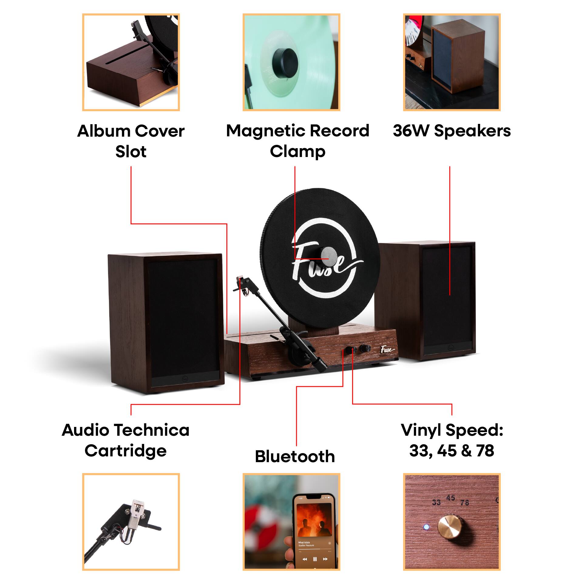 - Album Cover Slot
- Magnetic Record Clamp
- 36W Speakers
- Audio Technica Cartridge
- Bluetooth
- Vinyl Speed: 33, 45 & 78