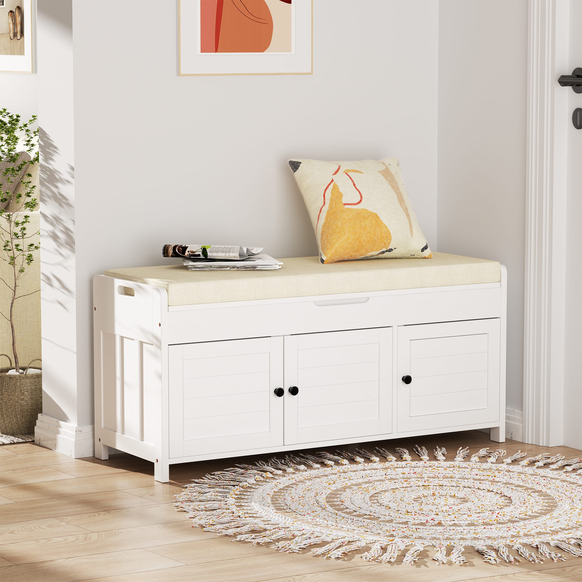 LOVMOR - 43.5-in W x 20-in H x 16-in D Storage Bench for Entryway with Cushion and Hidden Storage - White