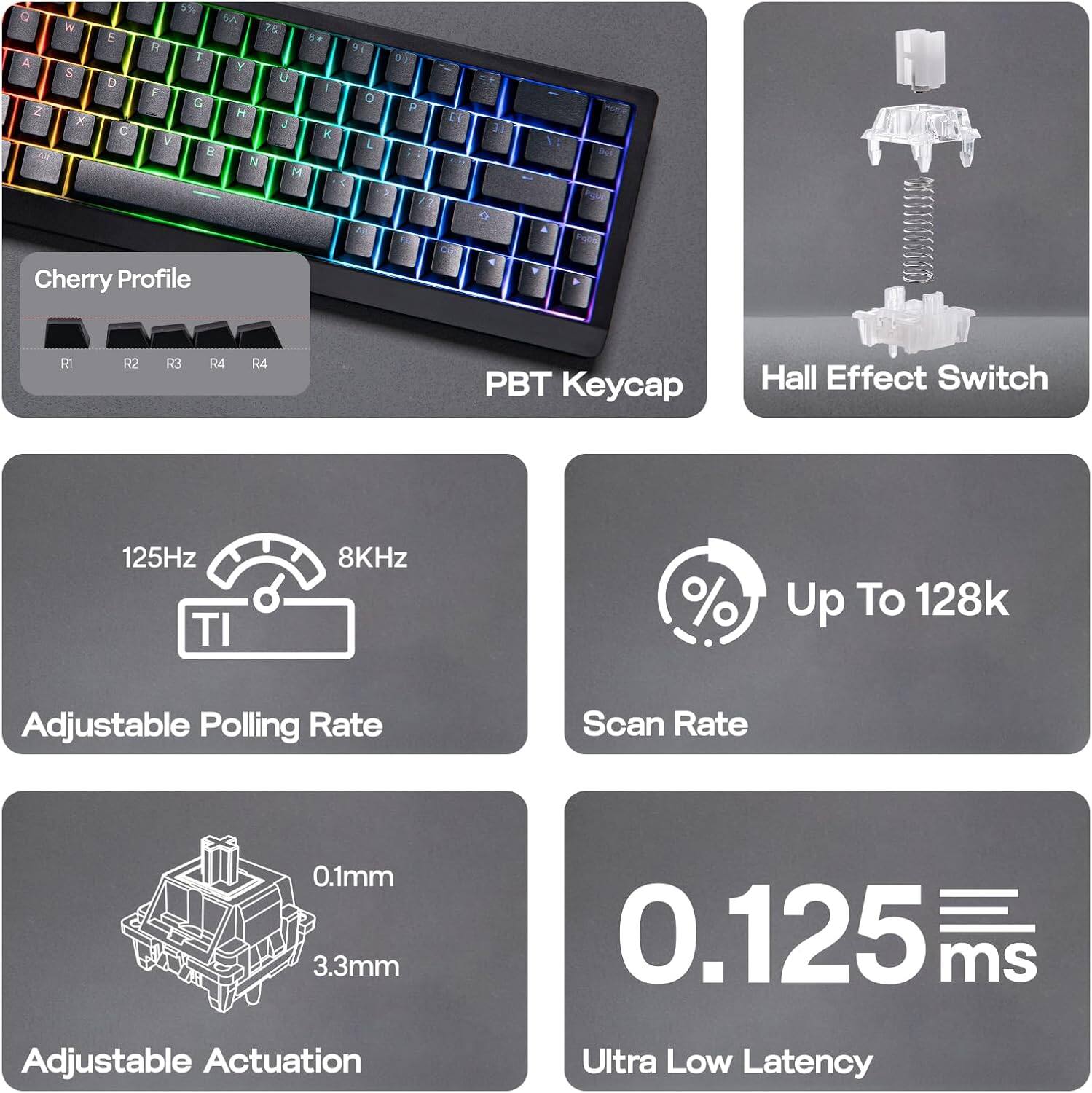 Q A Z S x E 0 C 5% 6 7 4 H T Y U F I G H J K V B N M 9 C L D I o P 3 E

Cherry Profile
R1 R2 R3 R4 R4

PBT Keycap
Hall Effect Switch

125Hz 8KHz
Adjustable Polling Rate

Up To 128k
Scan Rate

0.1mm 3.3mm
Adjustable Actuation

0.125 ms
Ultra Low Latency
