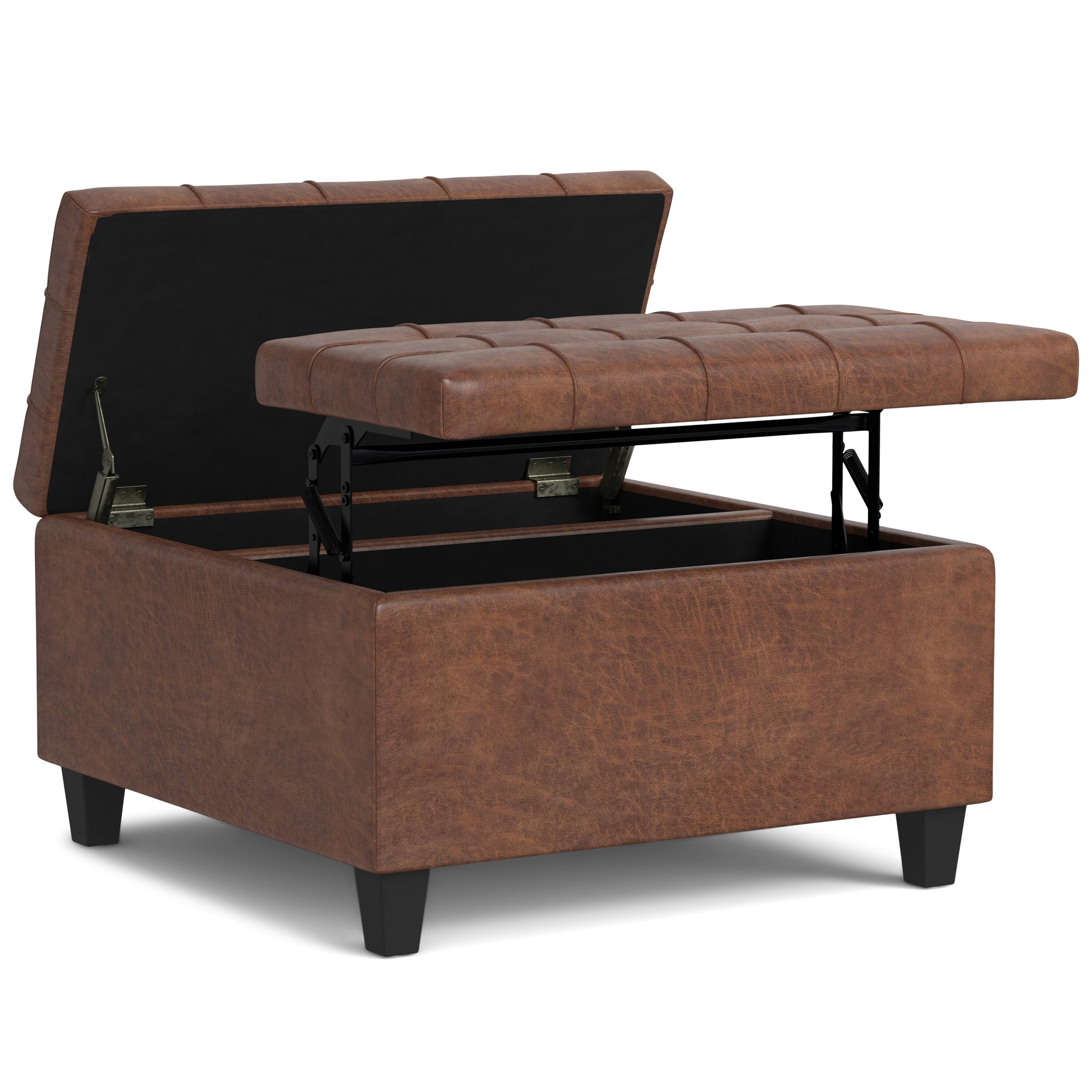 Back. Simpli Home - Harrison 30 inch Wide Small Square Coffee Table Storage Ottoman in Distressed Saddle Brown Vegan Leather - Distressed Saddle Brown.