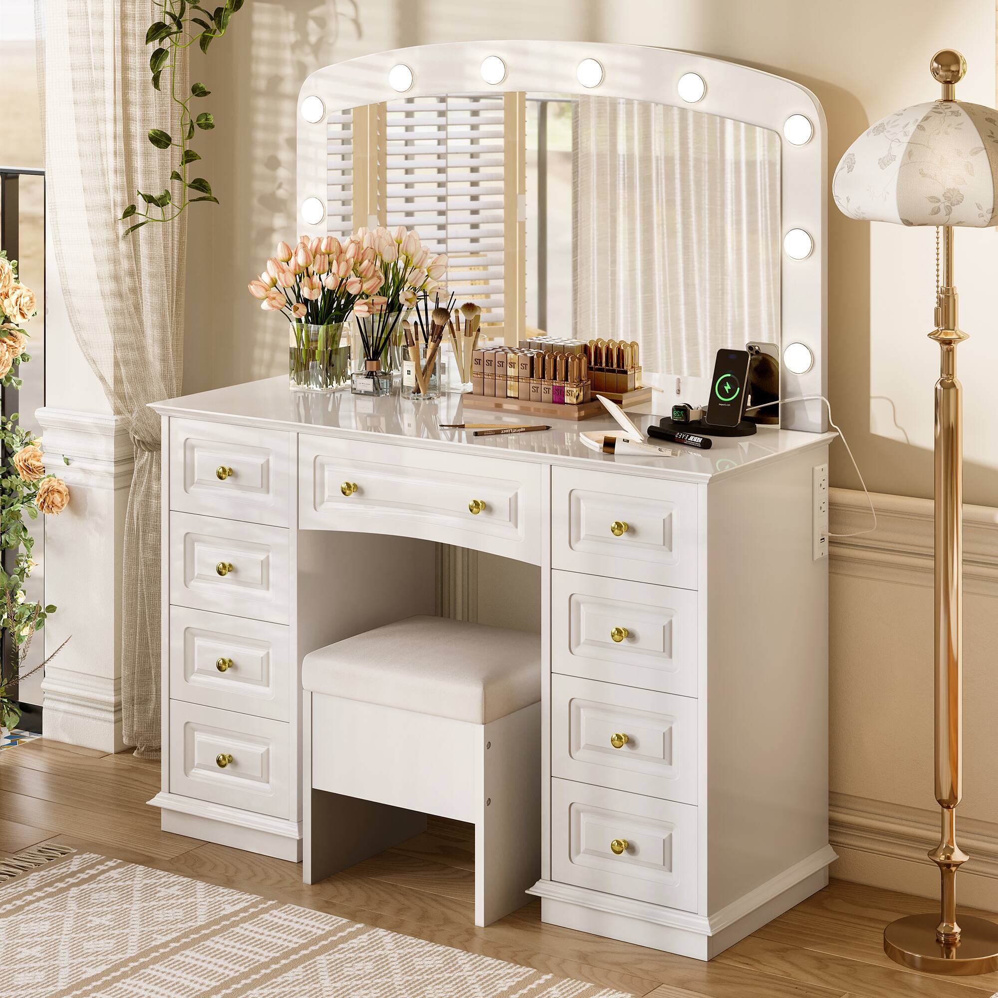 Angle. Lirago - Luxurious White Wood Makeup Vanities Dresser Table Desk  53.54"H x 15.75"D x 44.2"W - White.