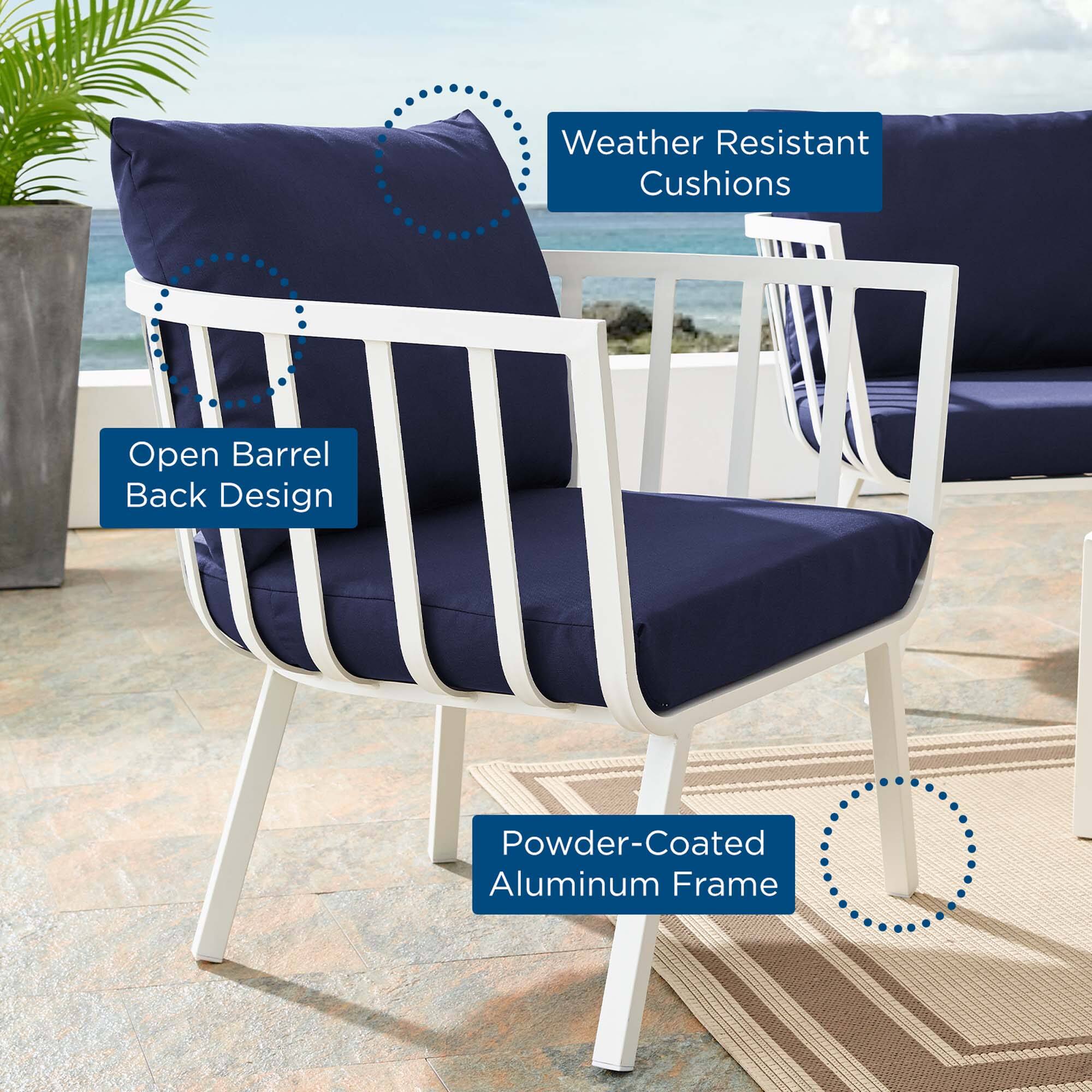 - Weather Resistant Cushions
- Open Barrel Back Design
- Powder-Coated Aluminum Frame