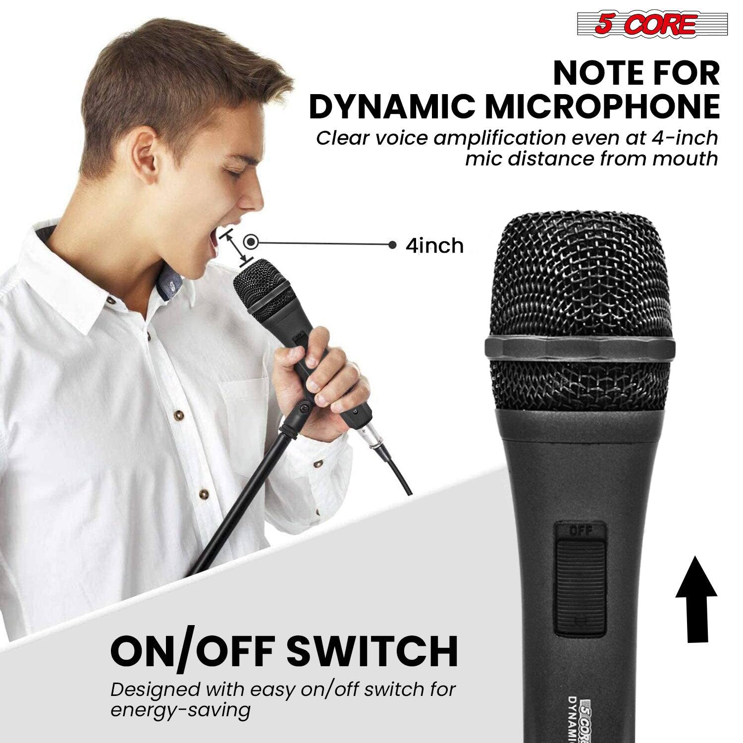 5 CORE NOTE FOR DYNAMIC MICROPHONE

1. Clear voice amplification even at 4-inch mic distance from mouth.
2. 4-inch OFF/ON/OFF SWITCH
3. Designed with easy on/off switch for energy-saving.

DYNAMIC MICROPHONE

- Clear voice amplification even at 4-inch mic distance from mouth.
- 4-inch OFF/ON/OFF SWITCH
- Designed with easy on/off switch for energy-saving.
