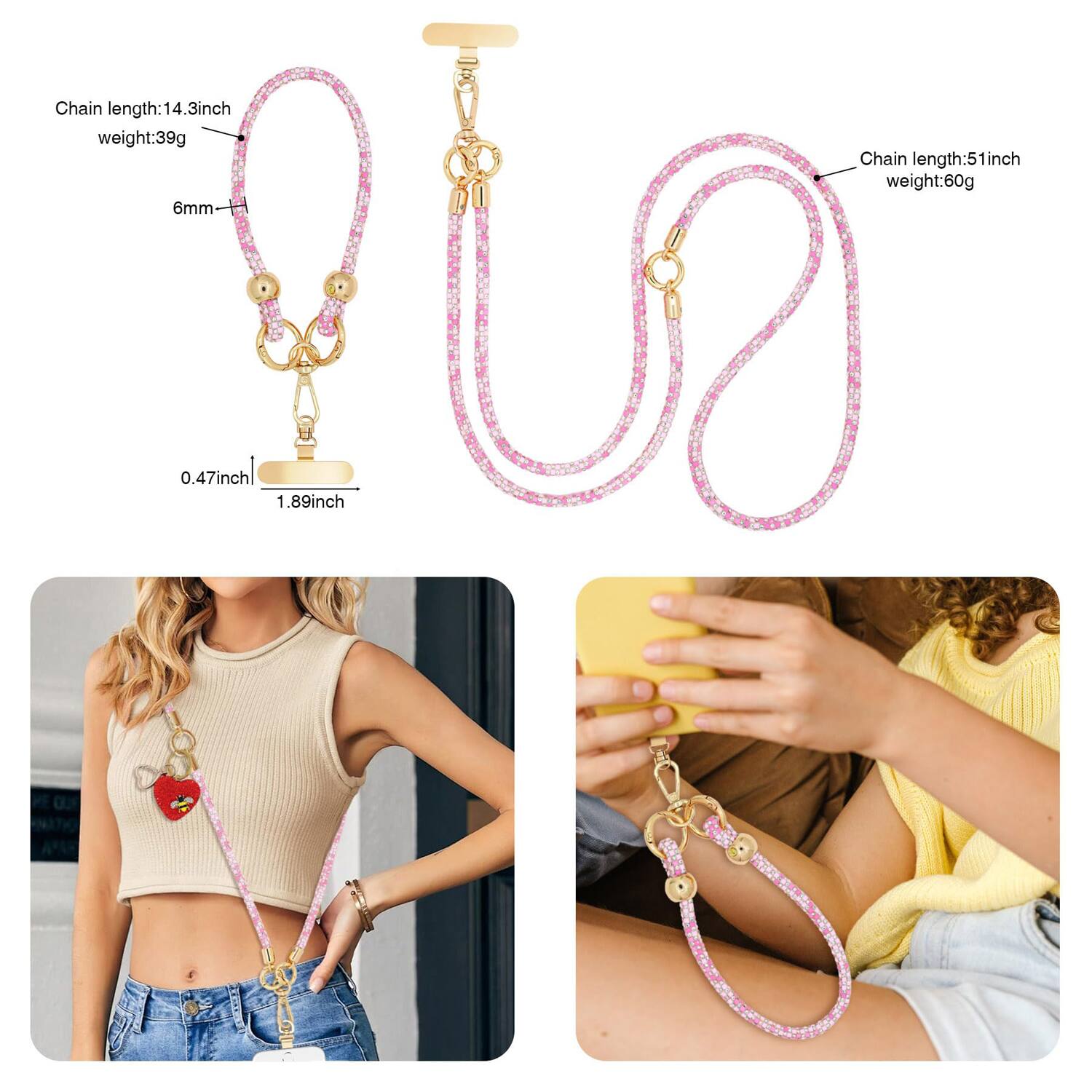 Chain length: 14.3 inch, weight: 39g  
6mm  
Chain length: 51 inch, weight: 60g  
0.47 inch, 1.89 inch