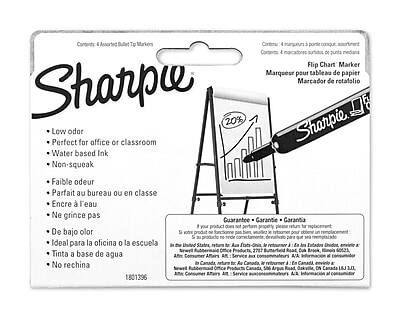 **Contents:**
- Assorted Bullet Tip Markers
- 4 Assorted Bullet Tip Markers
- 4 Marcadores de punta redonda, assorted
- 4 Marqueurs pour tableaux de papier, assortis

**Features:**
- Low odor
- Perfect for office or classroom
- Water based Ink
- Non-squeak
- Faible odeur
- Parfait au bureau ou en classe
- Encre à l'eau
- Ne grince pas
- De bajo olor
- Idéal para la oficina o la escuela
- Tinta a base de agua
- No rechina

**Product:**
- Sharpie
- Flip Chart Marker
- Marqueur pour tableaux de papier
- Marcador de rotatorio

**Guarantee:**
- If your product does not perform properly, please return for replacement.
- Si votre produit ne fonctionne pas bien, veuillez le retourner pour remplacement.
- Si el producto no funciona correctamente, devuélvelo para que se le reemplace.
- Si el producto no funciona correctamente, devuélvalo para que se le reemplace.

**Return Address:**
- In the United