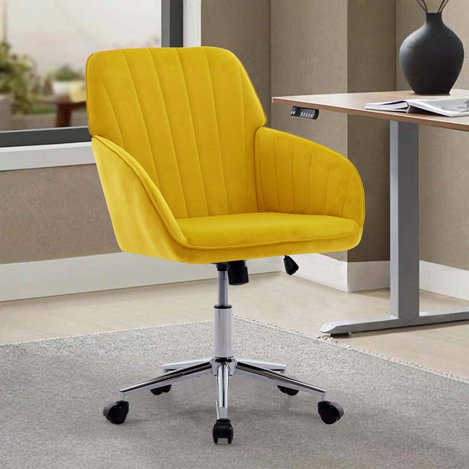 Alt View 2. Trinkets Crazed - 24.6" Velvet Office Chair, Ergonomic Swivel Desk Chair with Memory Foam Seat - Adjustable Height Computer Chair - yellow.