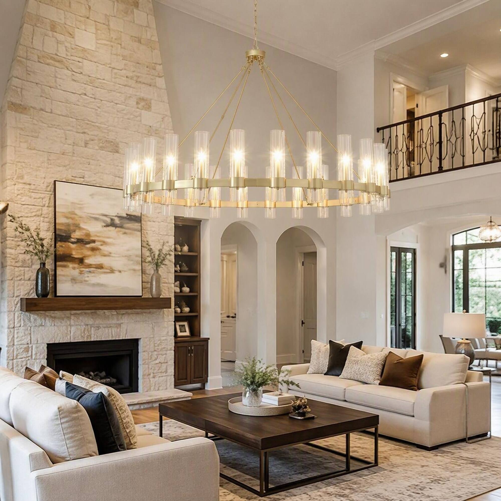 Angle. RYHNUYNE - Gold 24-Light Wagon Wheel Chandelier with Seeded Glass Shades, Adjustable Chains for Dining Room, Kitchen Island.