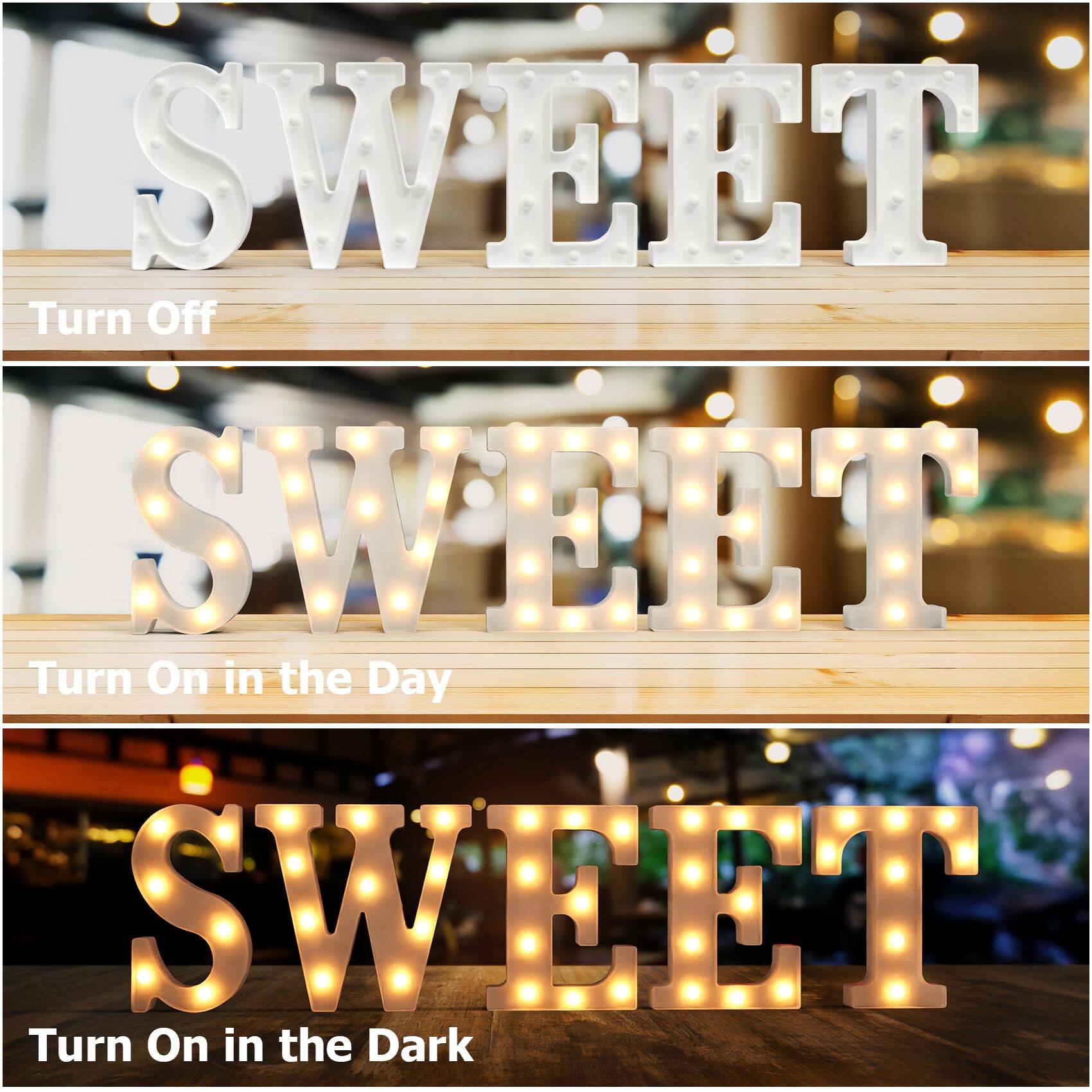 Sure, here is the corrected and grouped text:

- **SWEET**
  - Turn Off

- **SWEET**
  - Turn On in the Day

- **SWEET**
  - Turn On in the Dark