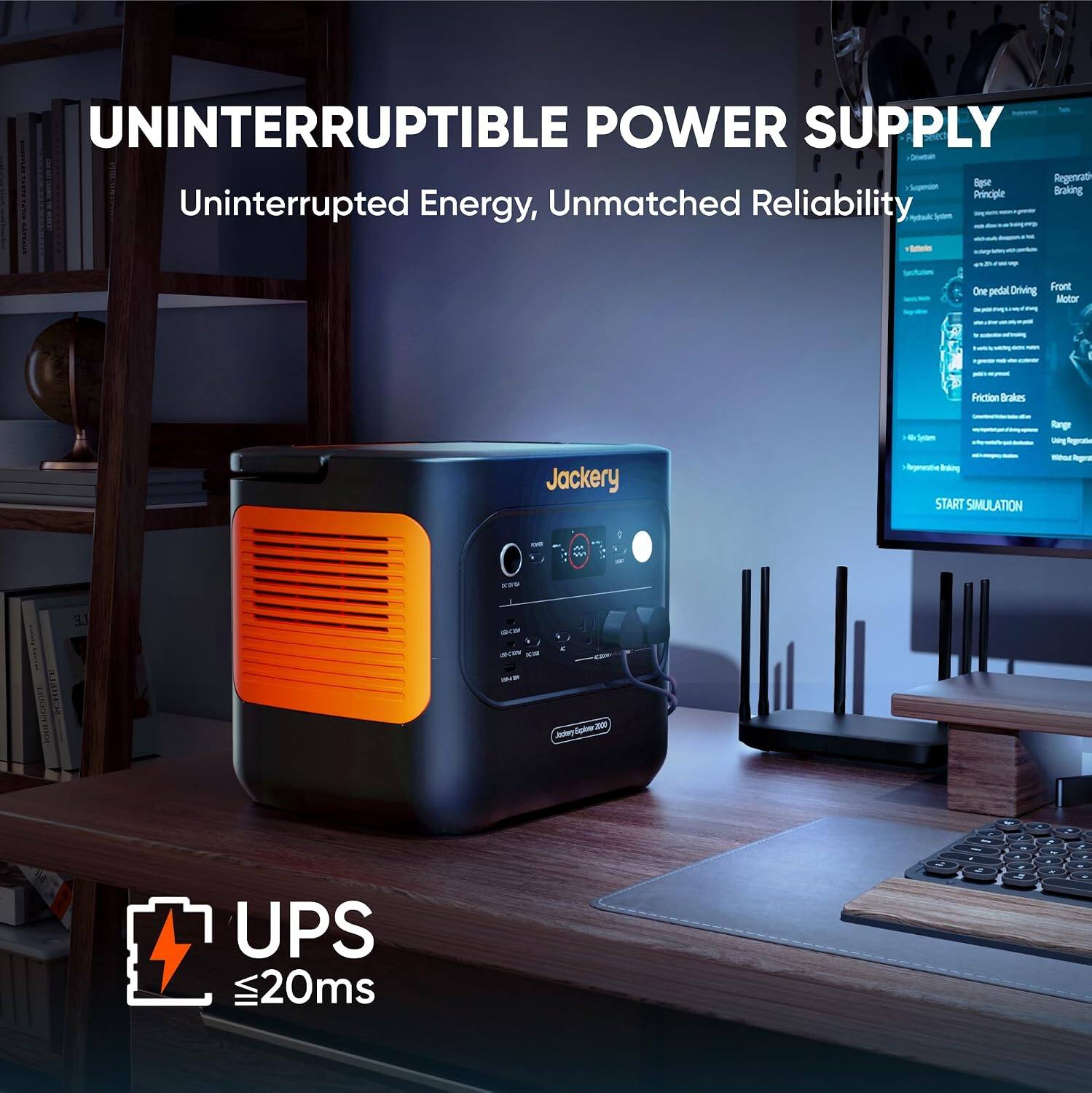 UNINTERRUPTIBLE POWER SUPPLY  
Uninterrupted Energy, Unmatched Reliability  

Front One pedal Driving Motor  
Friction Brakes  

Jackery  

Sydem Vegetative Broking START SIMULATION  

arge 20g Argeration Without Regera  

KW BY  
Explore 200 Jackery  
f UPS 20ms  

- I .  
- e , in  
- 2 .