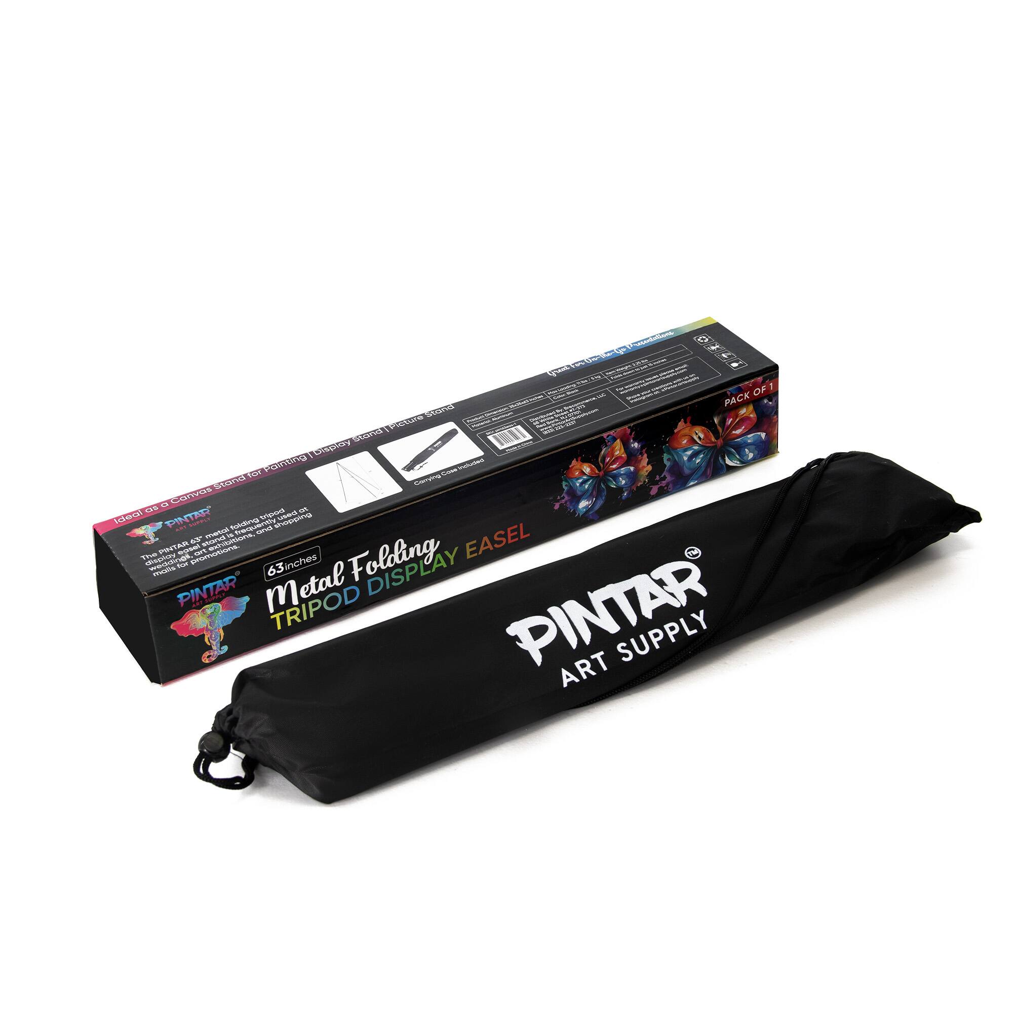 Sure, here is the corrected and grouped text from the image:

---

**PINTAR ART SUPPLY**

**Metal Folding Tripod Display Easel**

- **63 inches**
- **PACK OF 1**

**Total of 6 PINTAR Canvas stands for painting Easel**

**Carrying Bag Included**

**PINTAR**

---

This text is organized to reflect the information on the packaging and the bag.
