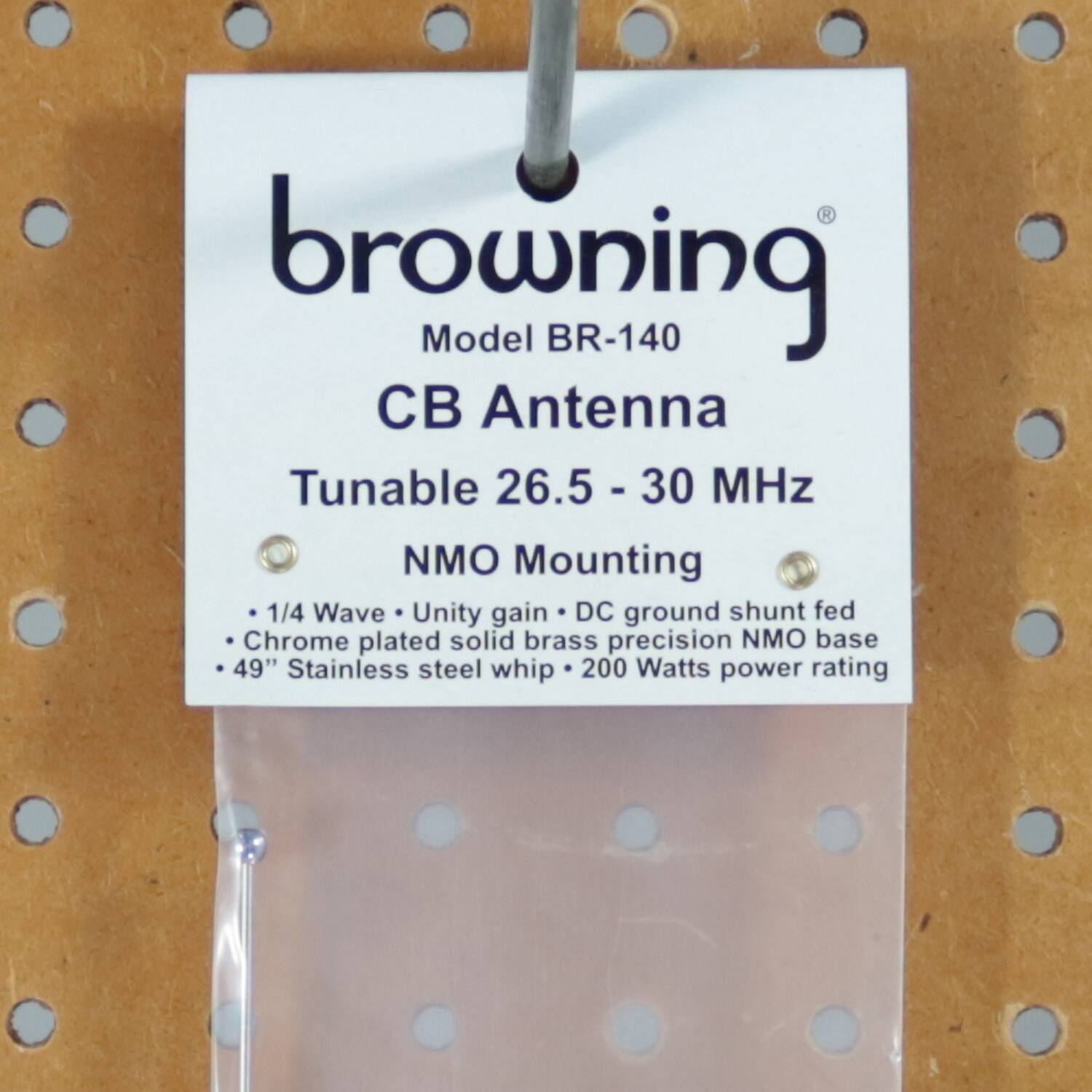 browning  
Model BR-140  
CB Antenna  
Tunable 26.5 - 30 MHz  

NMO Mounting  
- 1/4 Wave  
- Unity gain  
- DC ground shunt fed  
- Chrome plated solid brass precision NMO base  
- 49" Stainless steel whip  
- 200 Watts power rating