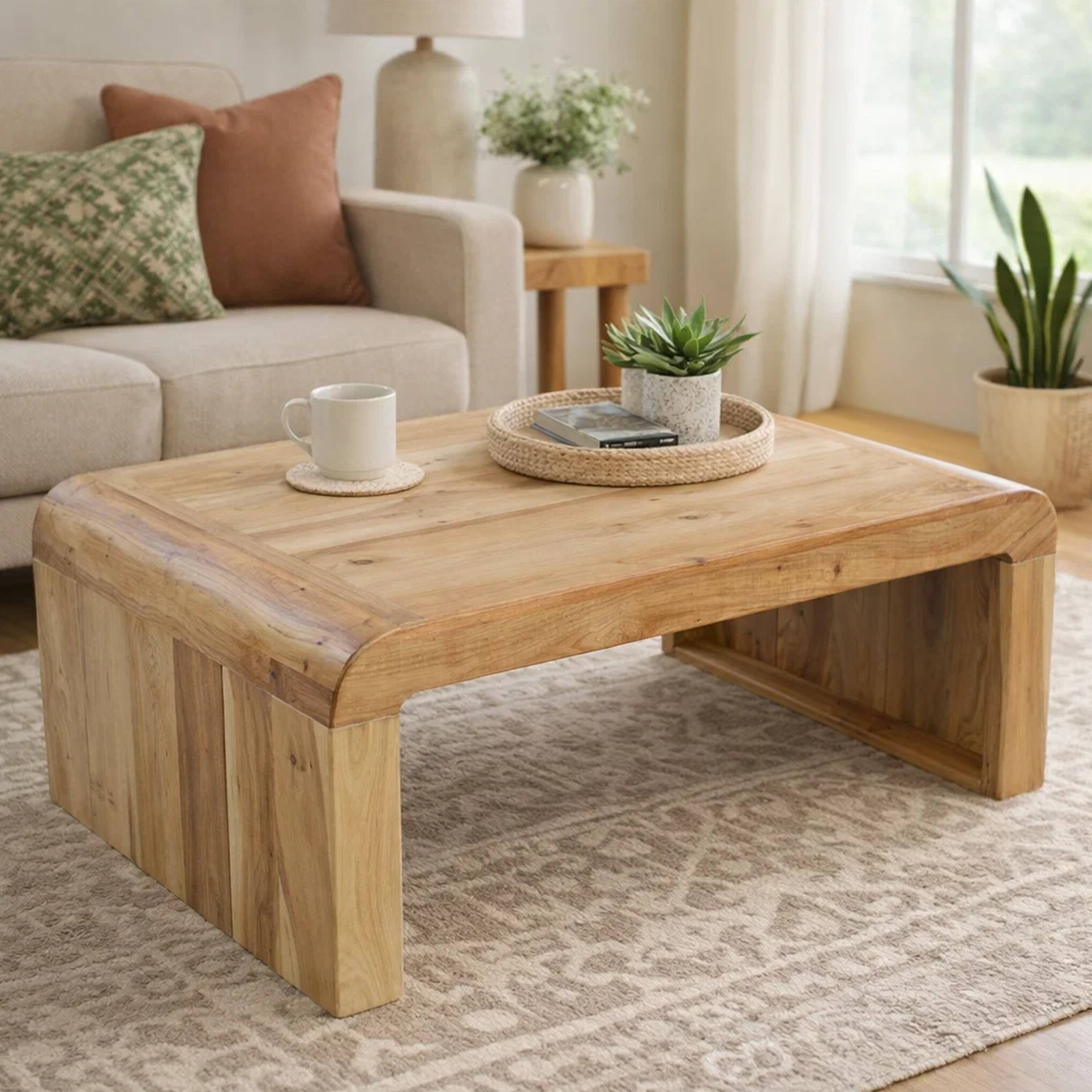 Alt View 8. Manhattan Lane - Cascade 36 Inch Coffee Table, Handcrafted Natural Acacia Wood, Rectangular Curved Waterfall Top - Brown.