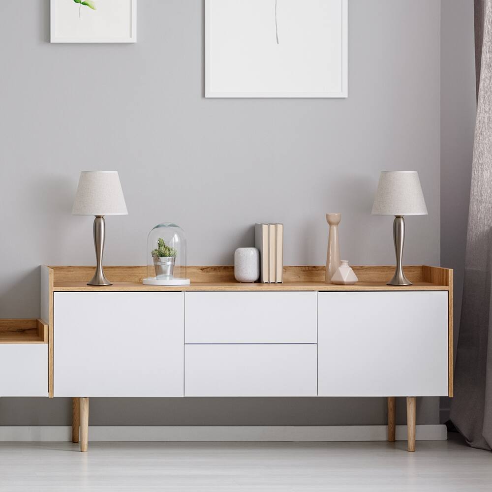 Alt View 1. Oumilen - Modern Brushed Nickel Table Lamp – 17.5” Tall with Fabric Shade, Round Metal Base & Inline Switch..