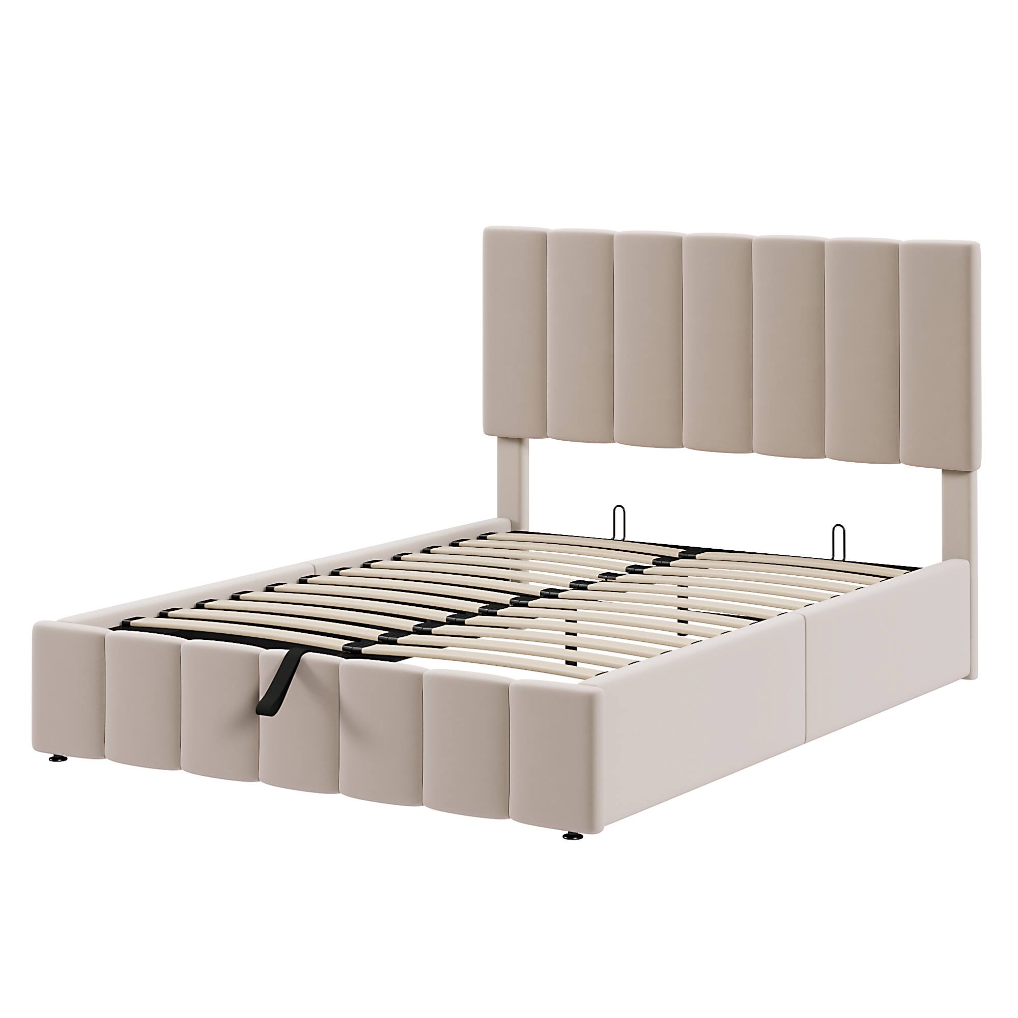 Alt View 2. GOODSILO - Full Size Upholstered Platform Bed with Hydraulic Storage System and Wooden Slat Support - Beige.