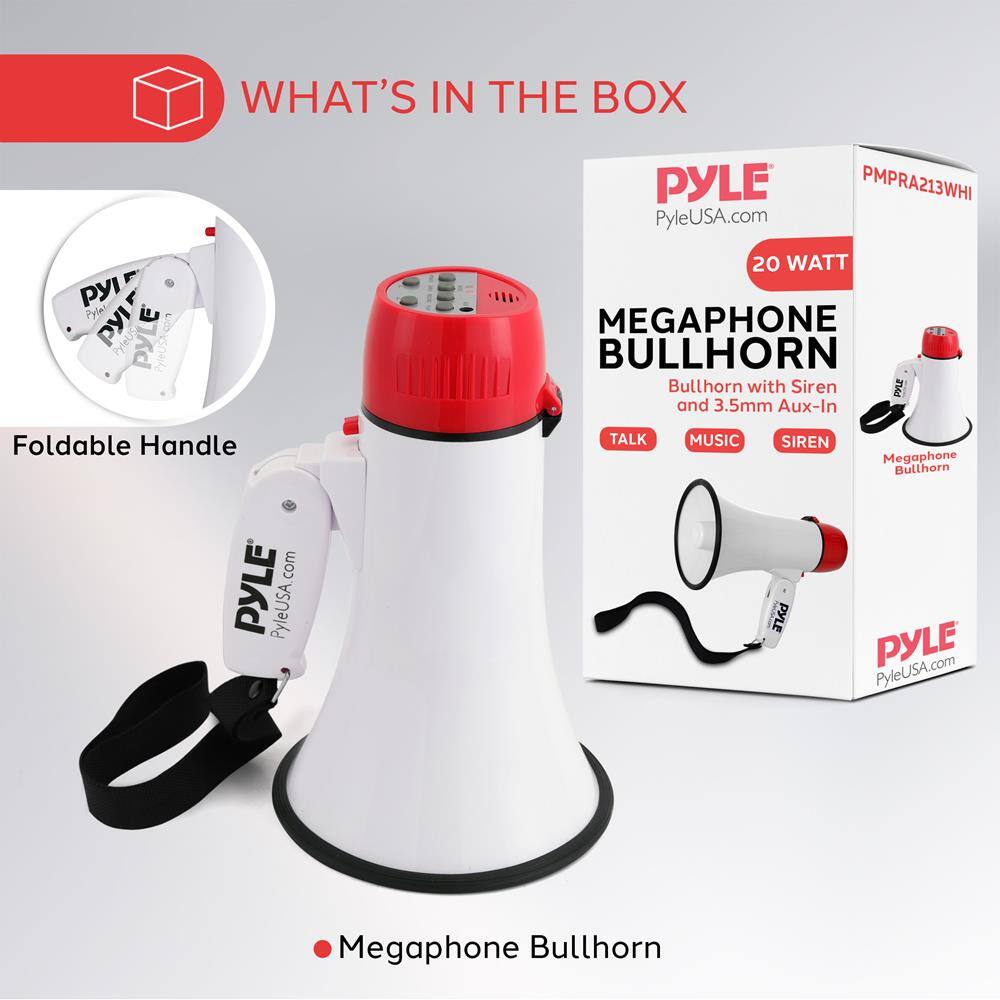 **WHAT'S IN THE BOX**

- Foldable Handle
- Megaphone Bullhorn

**PYLE**  
PyleUSA.com

**20 WATT**  
MEGAPHONE BULLHORN  
Bullhorn with Siren and 3.5mm Aux-In

- TALK
- MUSIC
- SIREN

**PYLE**  
PyleUSA.com