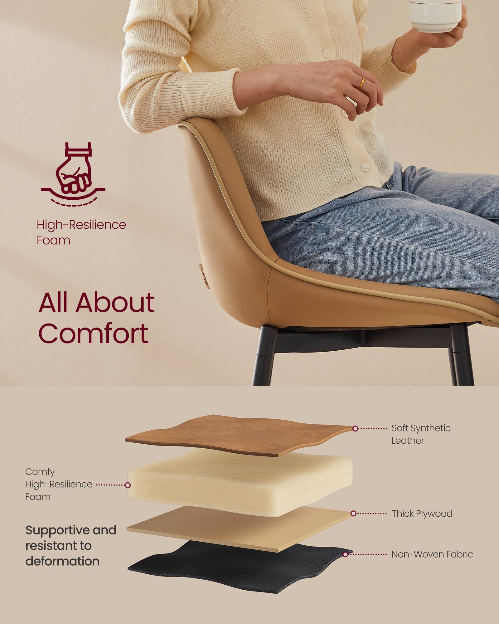 High-Resilience Foam  
All About Comfort  
Soft Synthetic Leather  
Comfy High-Resilience Foam  
Supportive and resistant to deformation  
Thick Plywood  
Non-Woven Fabric