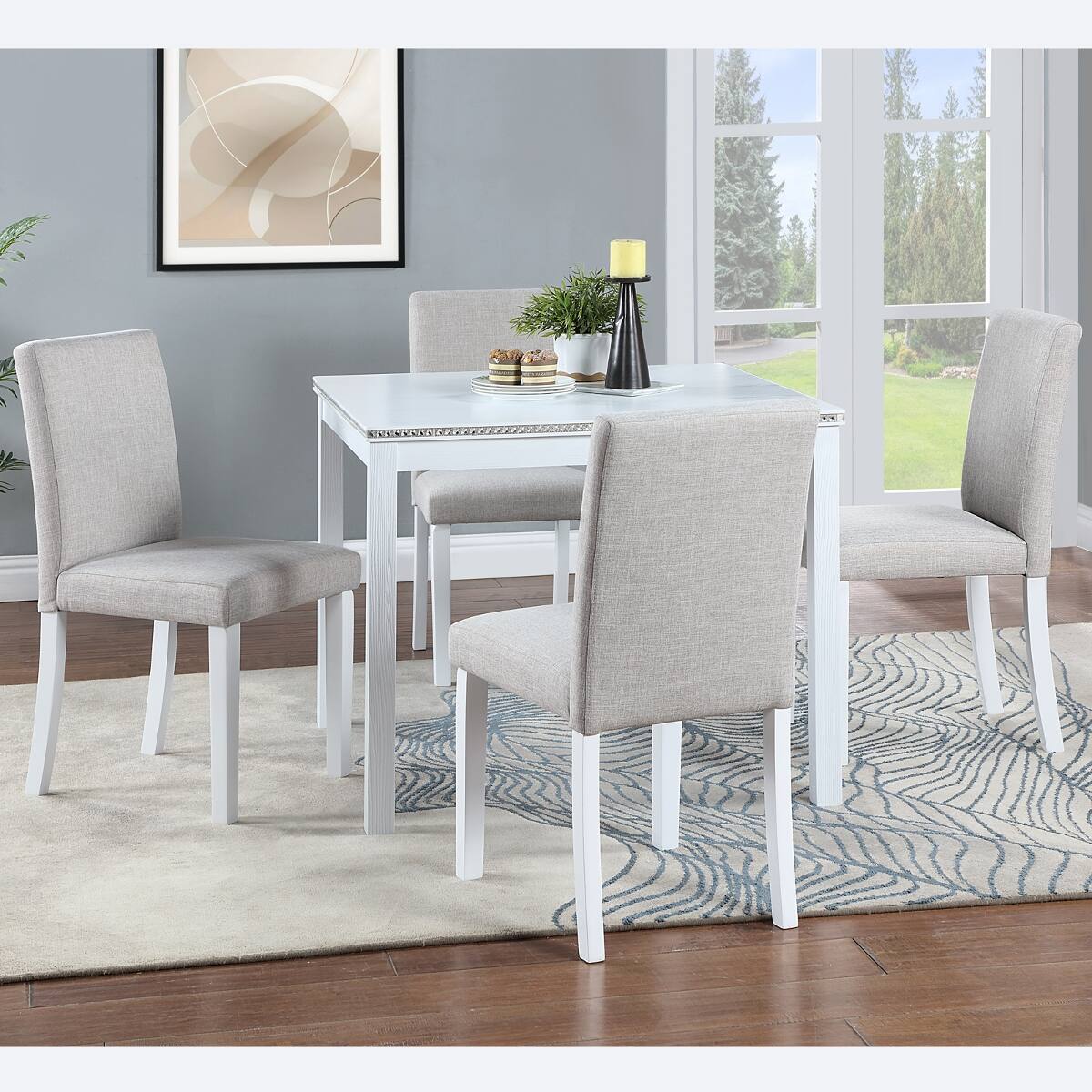 Angle. Loheer - Loheer 5 Piece Dining Table Set, White Square Table with Upholstered Chairs for Four - White.